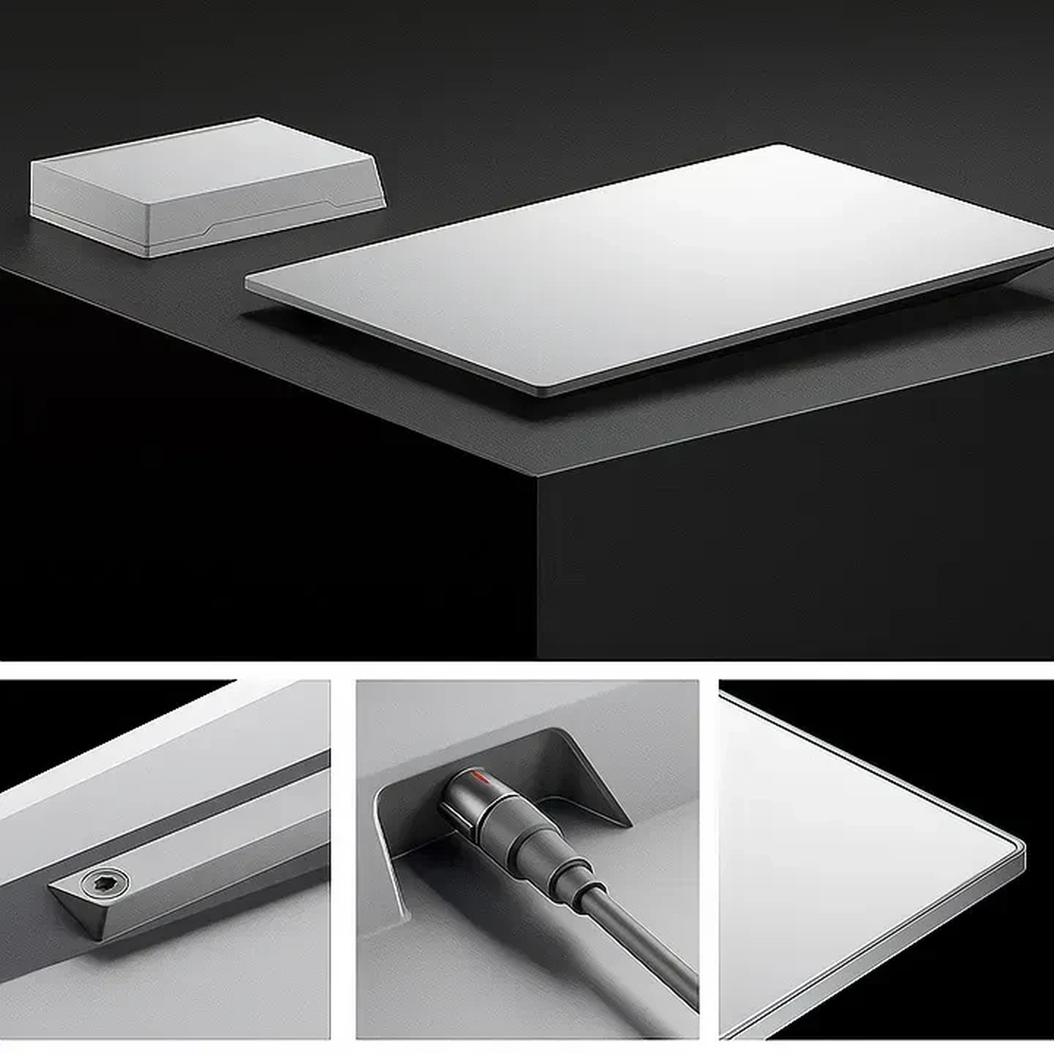 A silver rectangle and a smaller box on a black background.