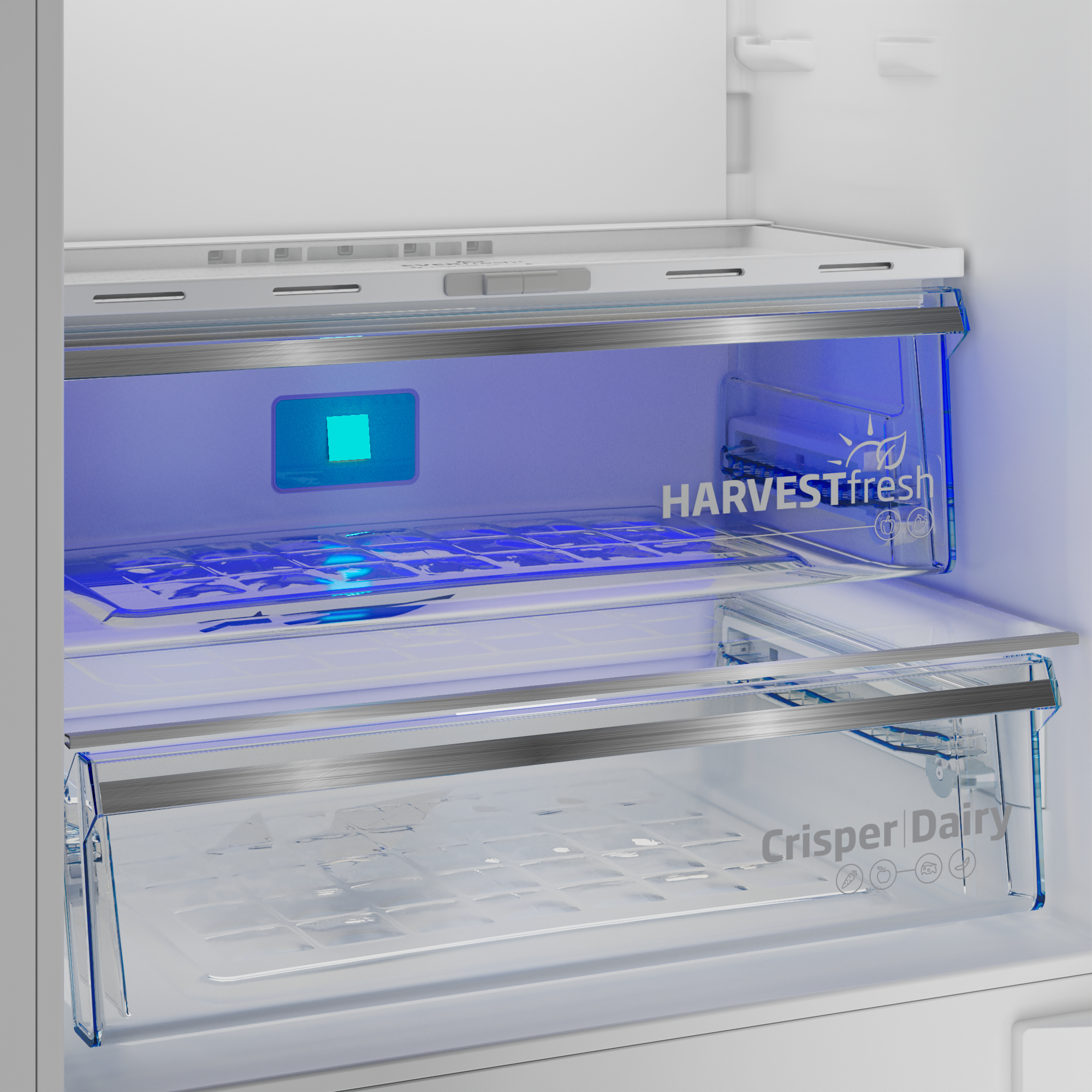 Un cajón con luz azul y texto HARVESTfresh, junto a un cajón CRISPER DAIRY.