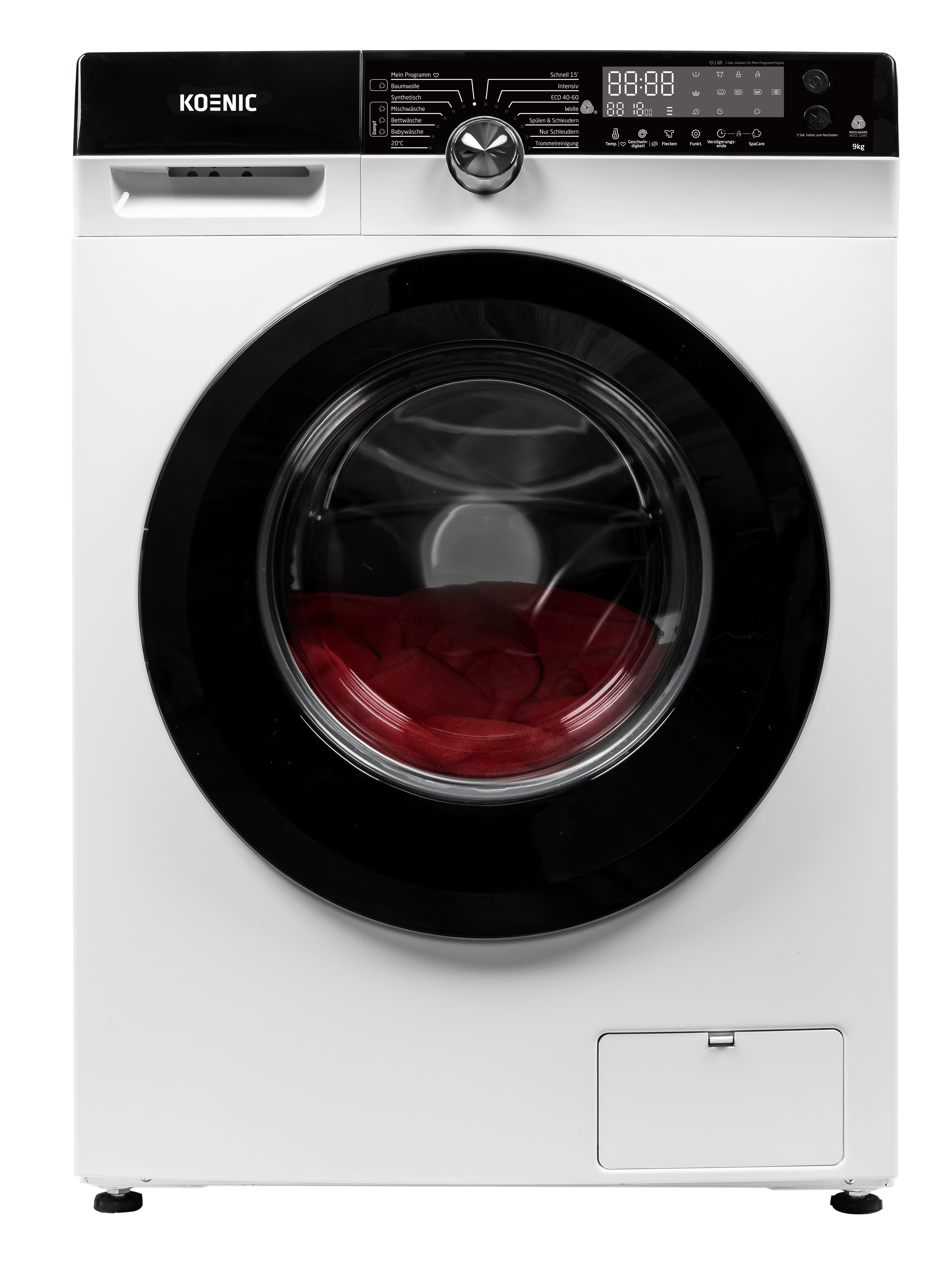 Weiße Waschmaschine mit schwarzer Tür und Bedienfeld. Rote Wäsche in der Trommel.