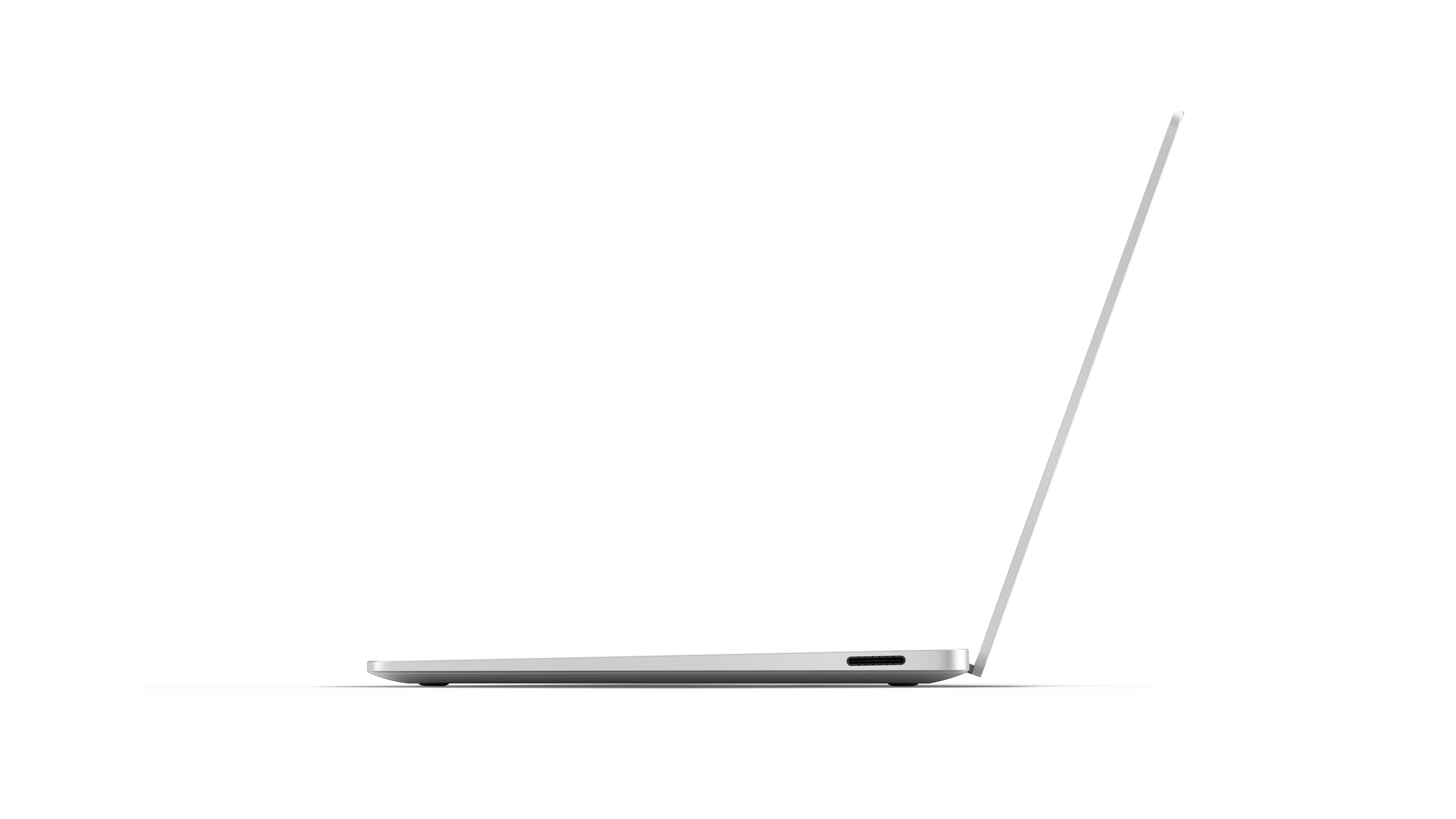 Ein silberner Laptop, von der Seite gezeigt, mit geöffnetem Bildschirm und einem USB-C-Anschluss.
