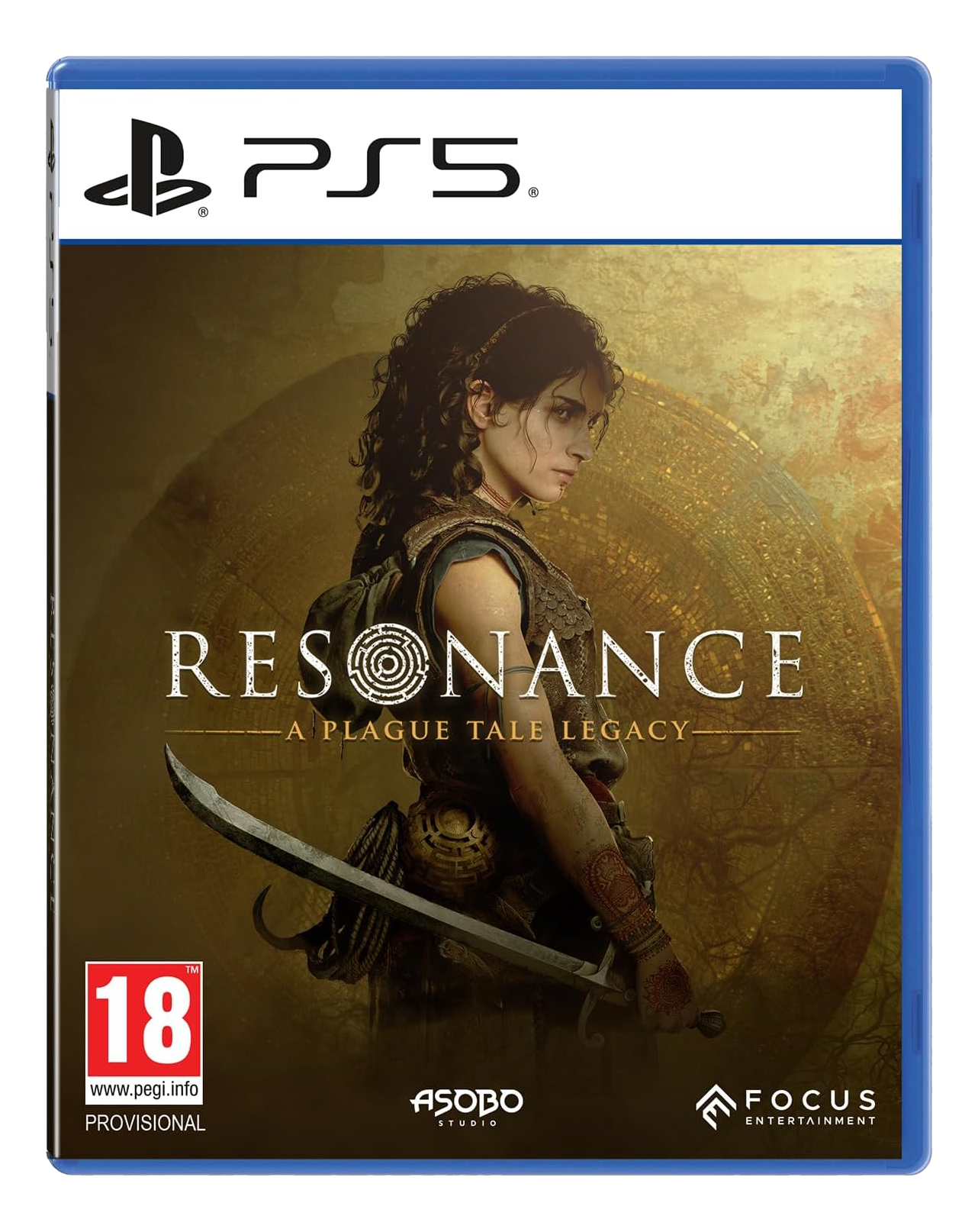 Copertina gioco PS5: Donna con spada, titolo 'RESONANCE A PLAGUE TALE LEGACY'.