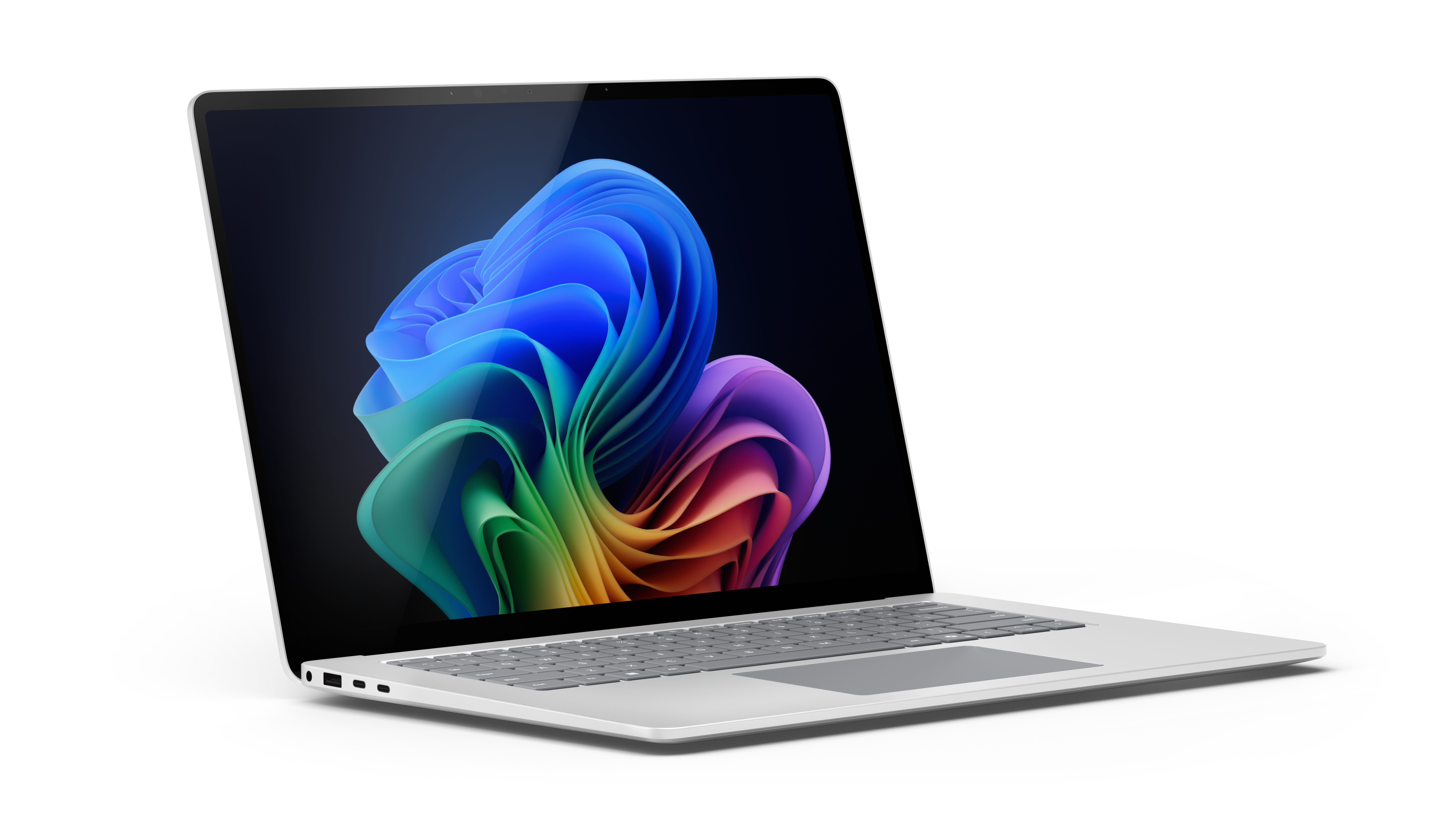 Ein geöffneter Laptop mit einem bunten, abstrakten Hintergrundbild auf dem Bildschirm.