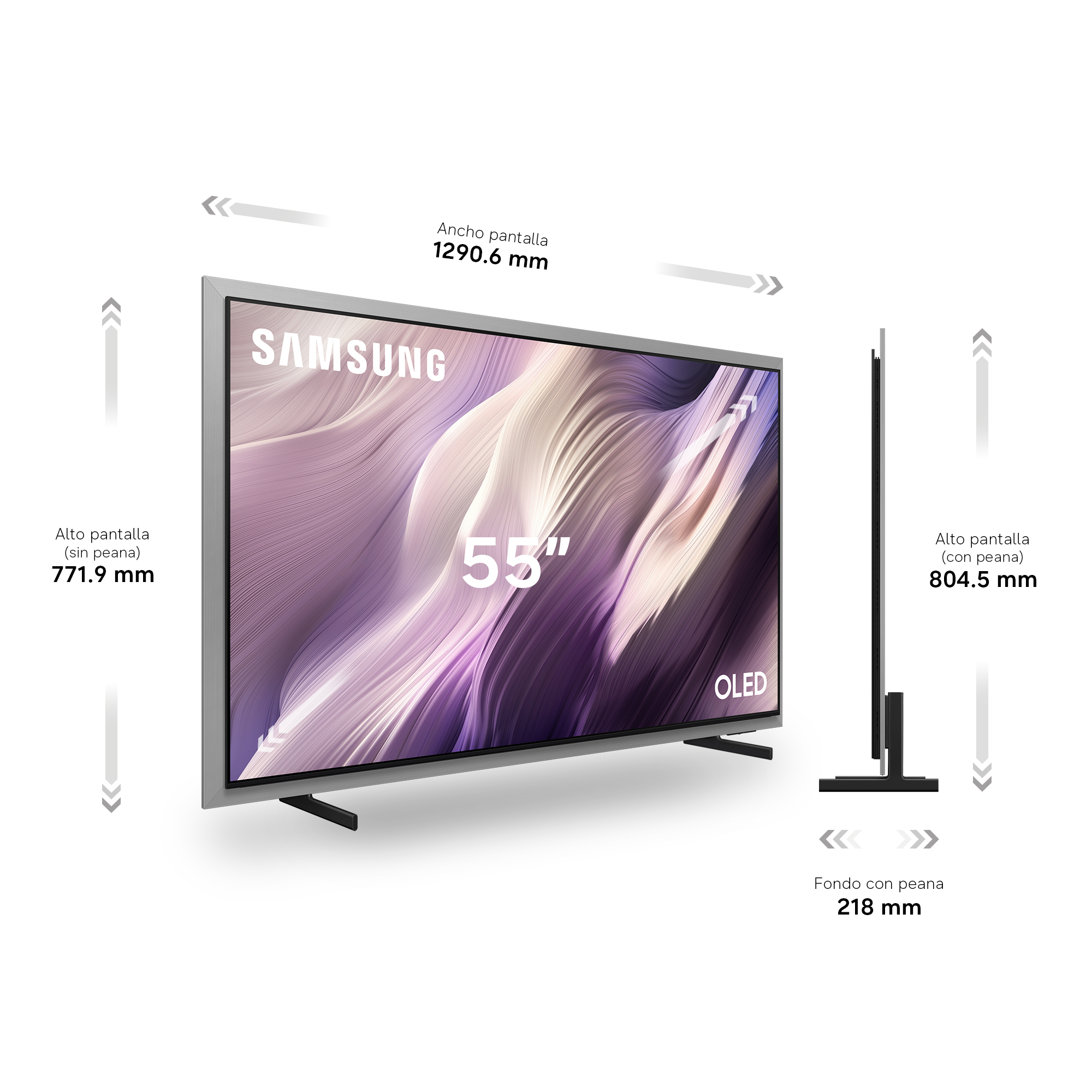 Un televisor Samsung OLED de 55 pulgadas con dimensiones y peana.