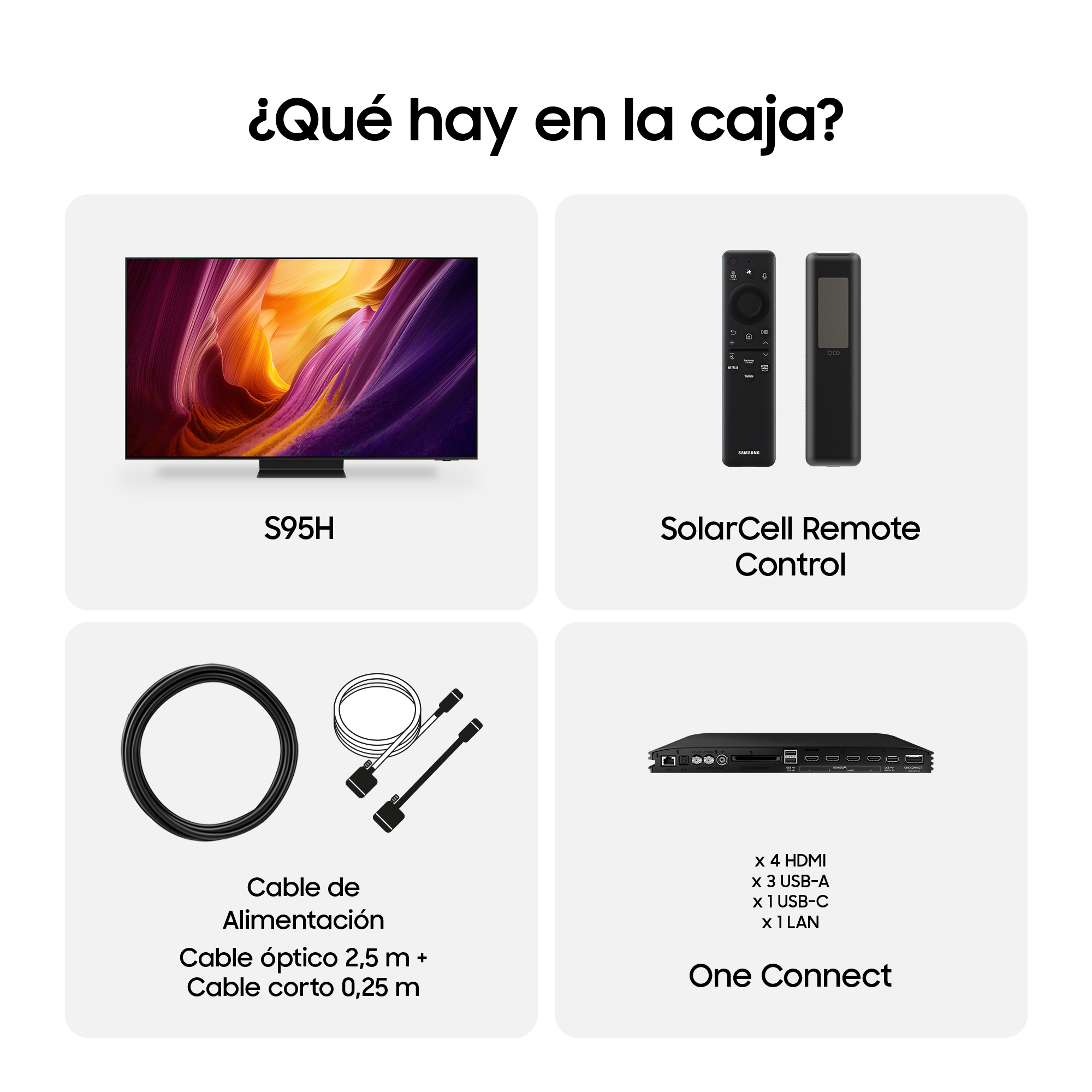 Imágenes de TV Samsung, mandos, cables y caja One Connect.
