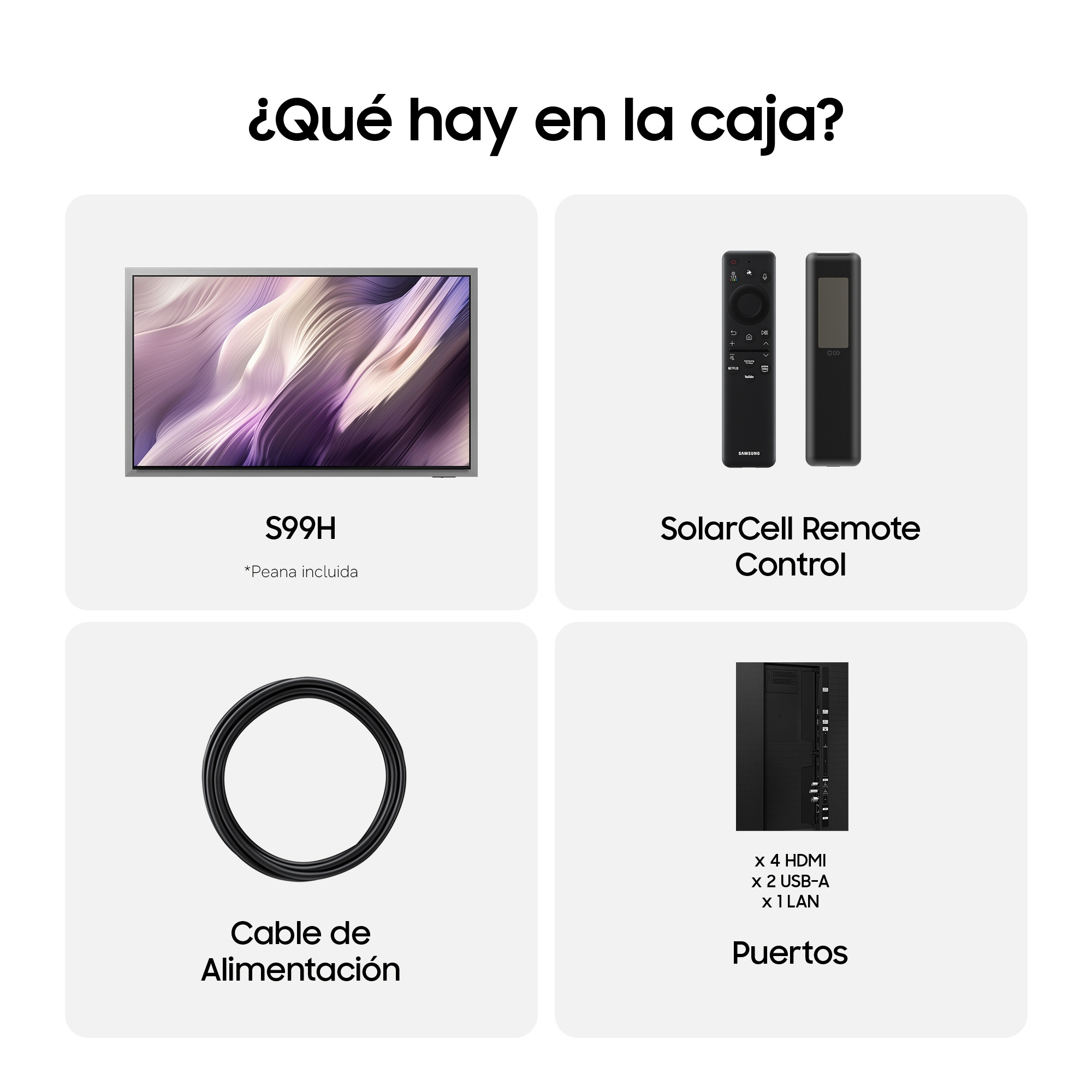 Un TV S99H, dos controles, un cable de alimentación y puertos.