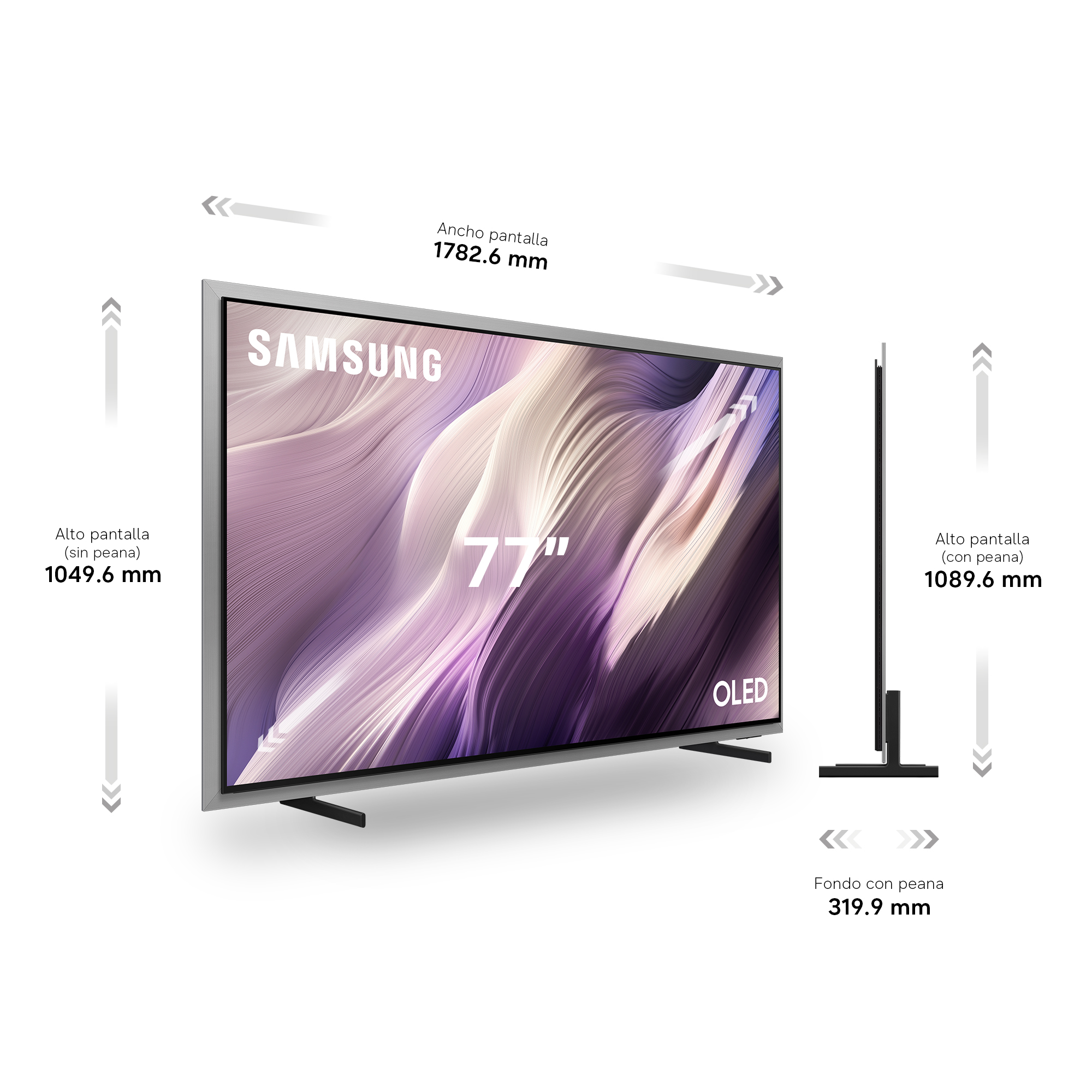 Un TV Samsung OLED de 77" con medidas de ancho, alto y fondo.