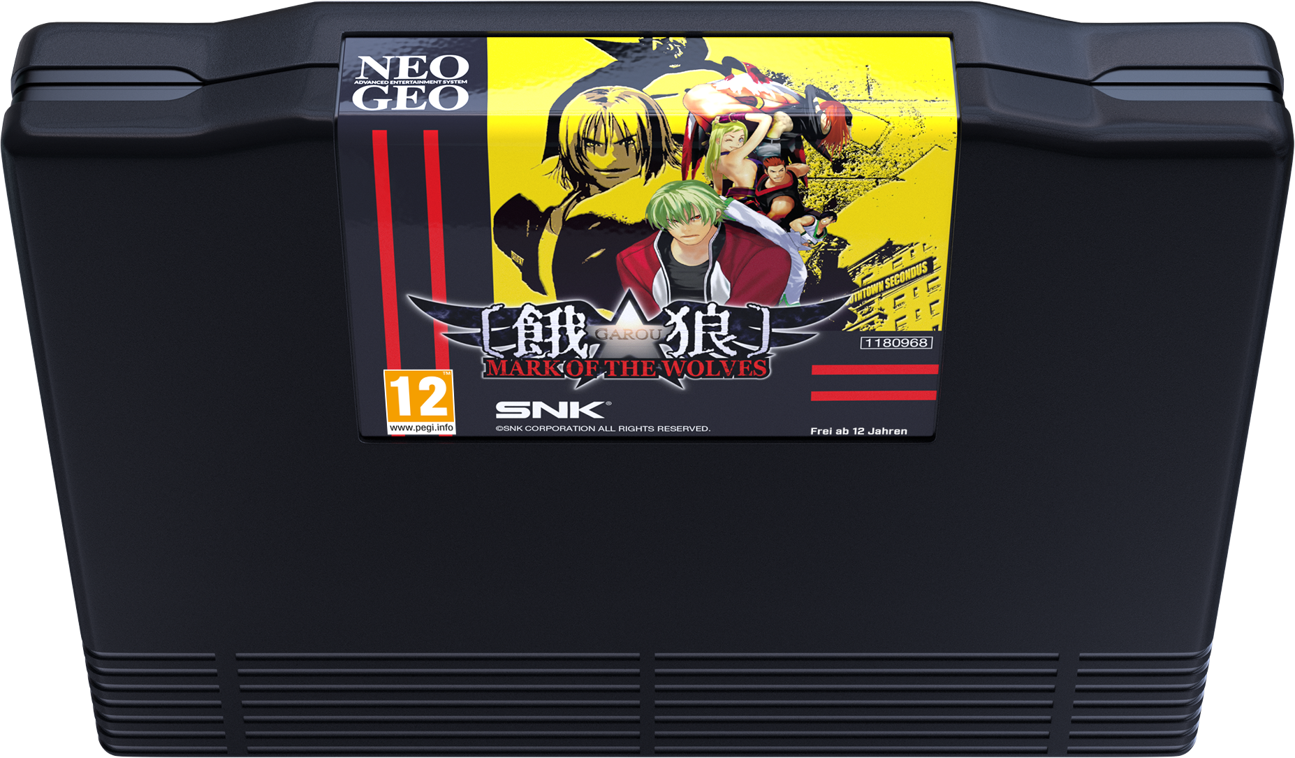 Cartouche de jeu NEO GEO noire avec la jaquette de Garou : Mark of the Wolves.