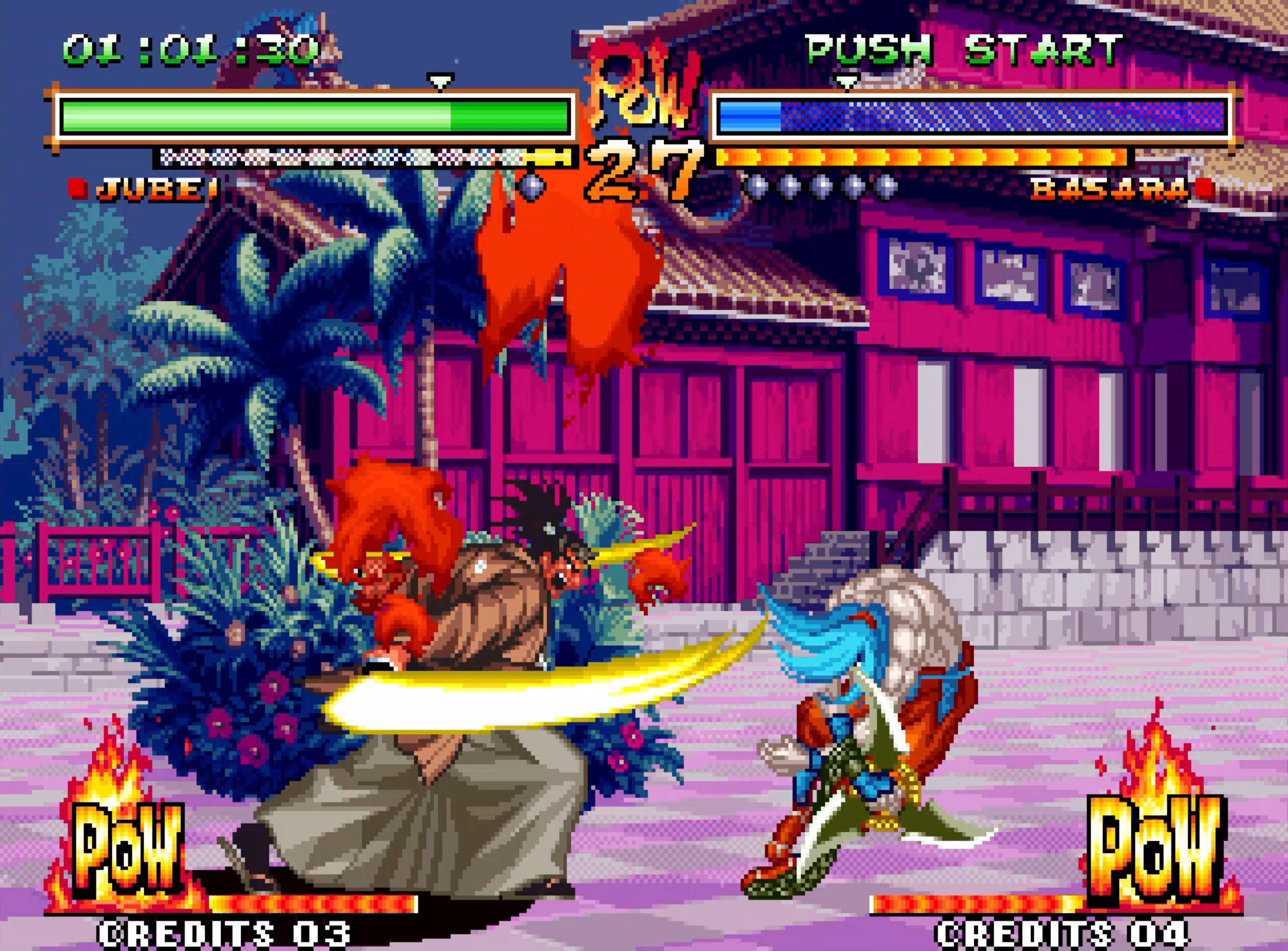 Scène de jeu de combat : Jubei affronte Basara sur une scène tropicale.