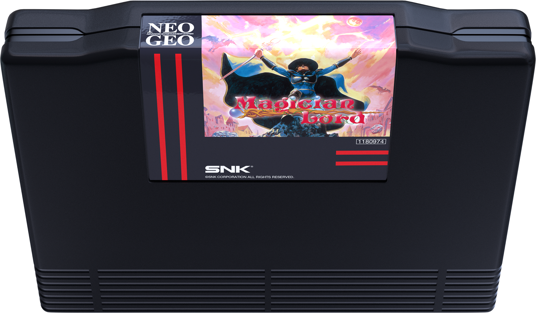Cartouche Neo Geo noire avec pochette "Magician Lord" : magicien avec chapeau, cape et épée sur fond coloré.