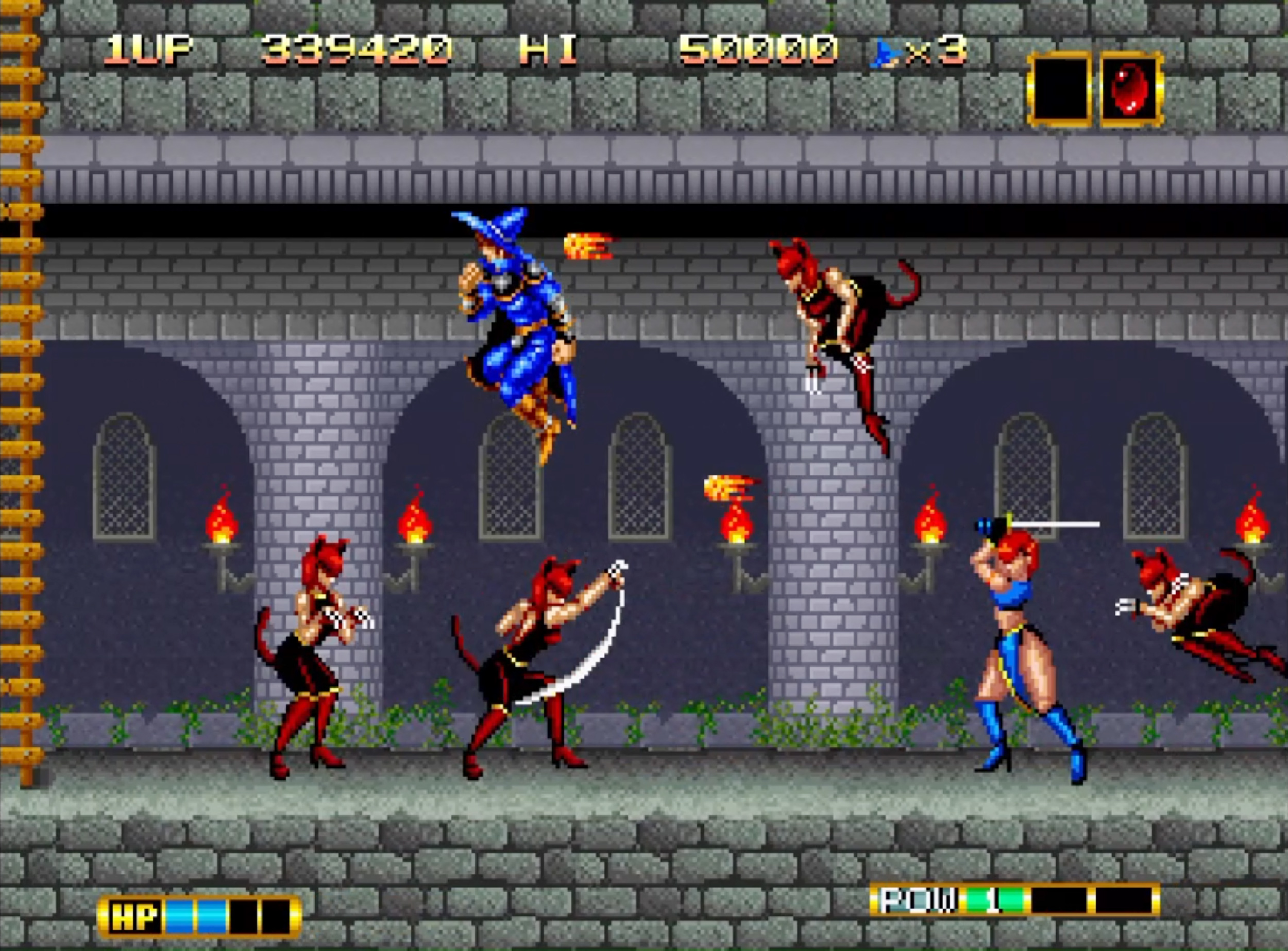 Un mage bleu combat des démons rouges dans un château.