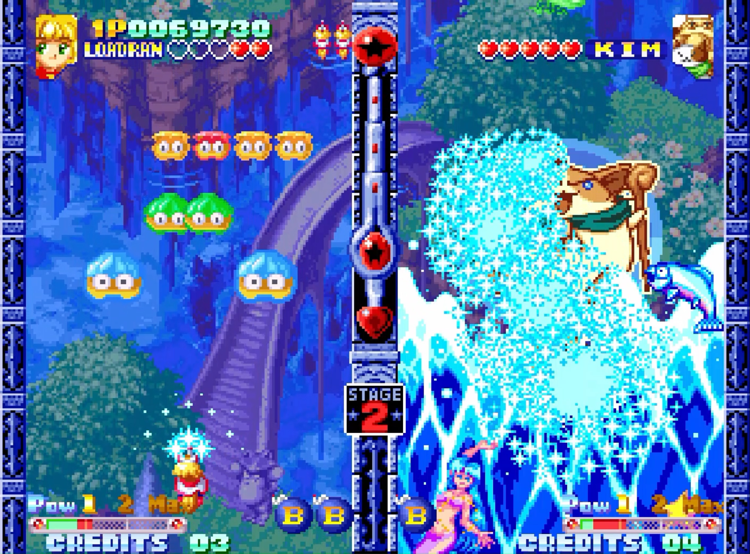Jeu d'arcade à deux joueurs, sirène et ours. Fonds bleus et verts.