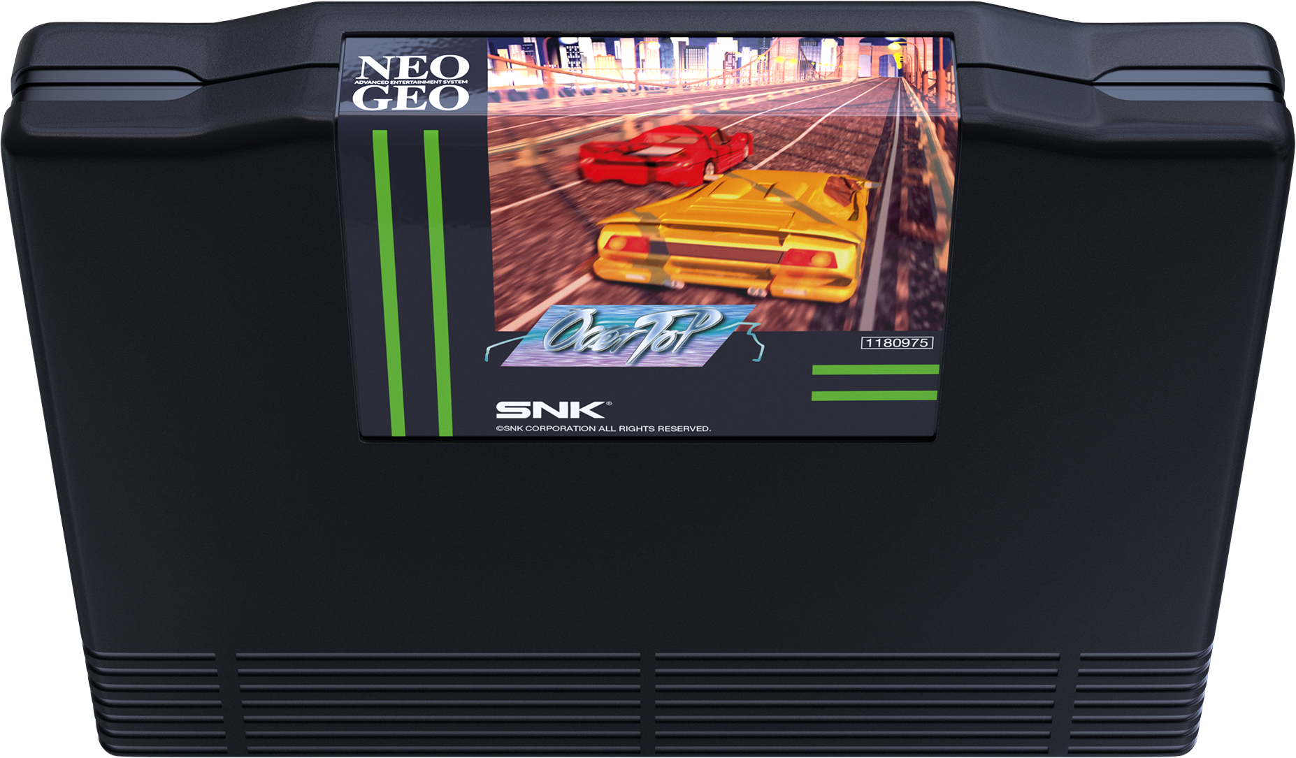 Cartouche Neo Geo noire avec jaquette de jeu de course : Voitures de sport jaunes et rouges sur route.