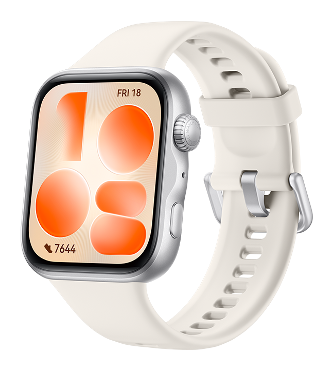 Biały smartwatch ze srebrną kopertą i kolorową tarczą.