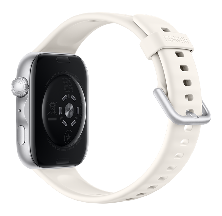 Biały smartwatch ze srebrną obudową i czarnym tyłem.