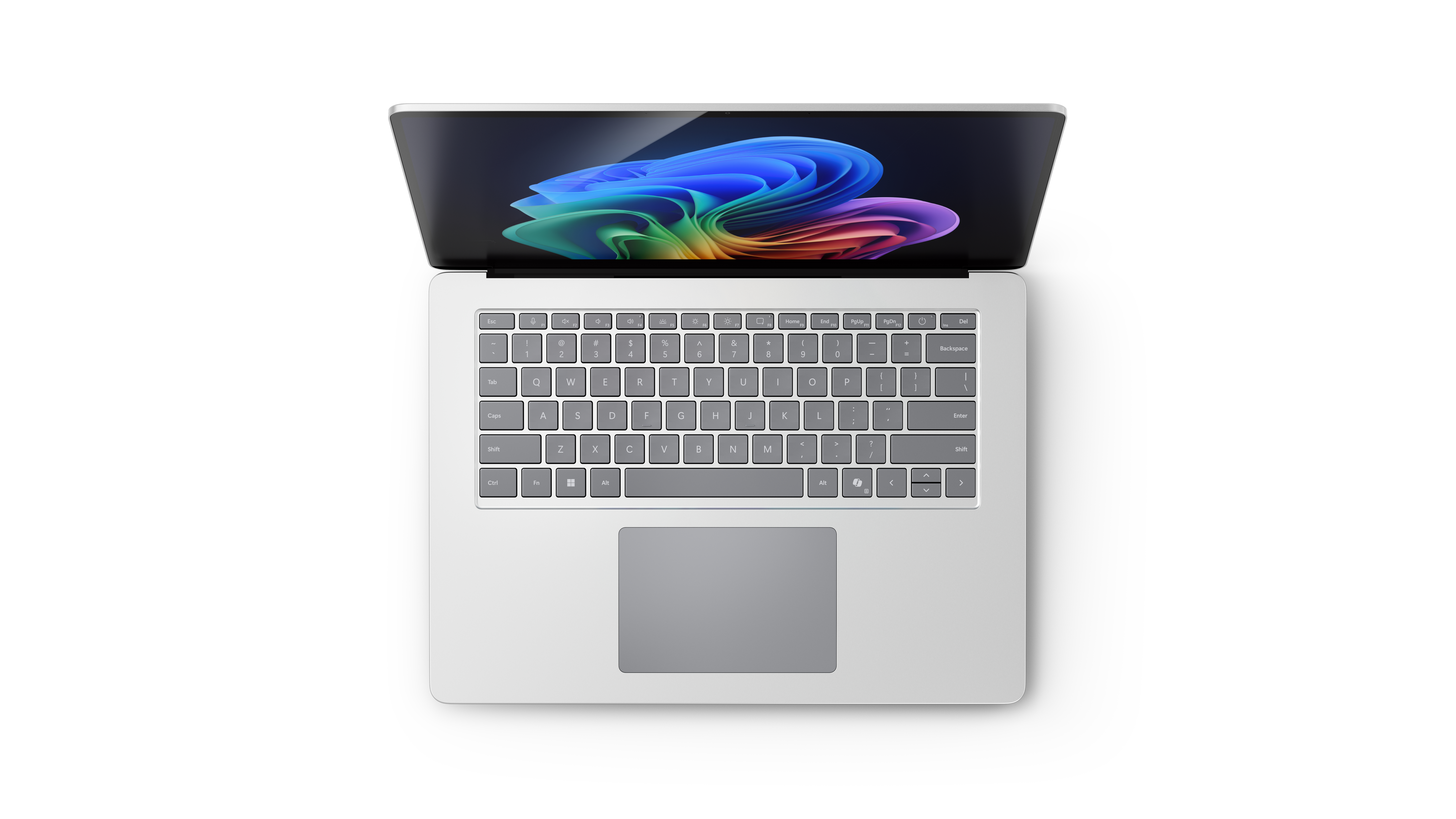 Ein offenes silbernes Laptop mit einem bunten Hintergrund auf dem Bildschirm.
