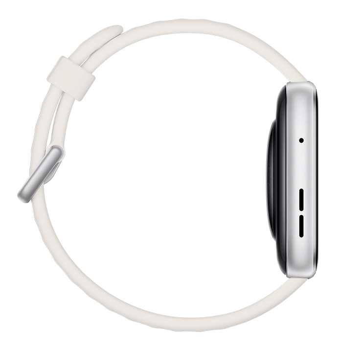 Biały smartwatch ze srebrną obudową, pokazany z profilu z paskiem.