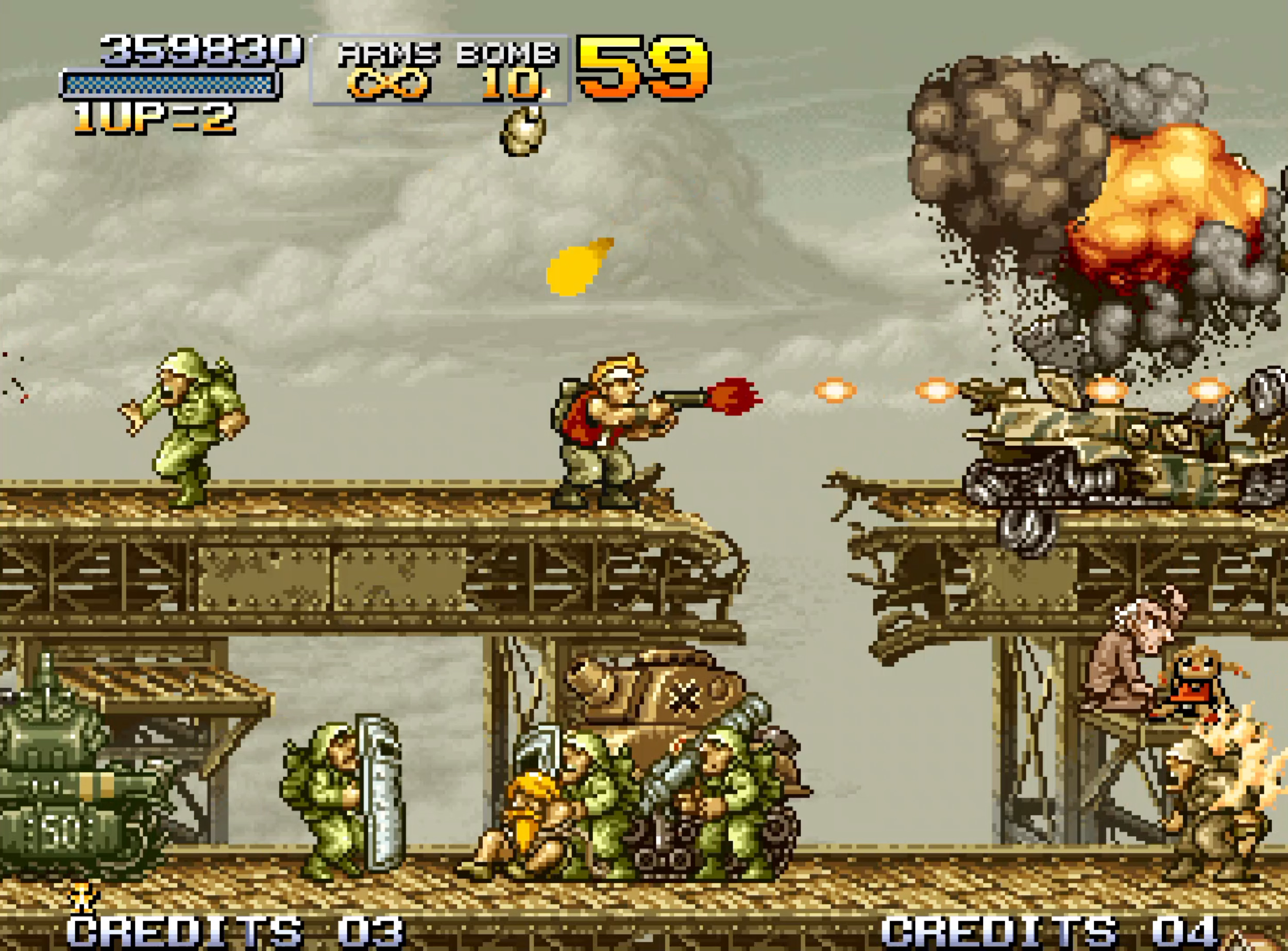 Scène de jeu pixel art avec soldats, chars et explosions.