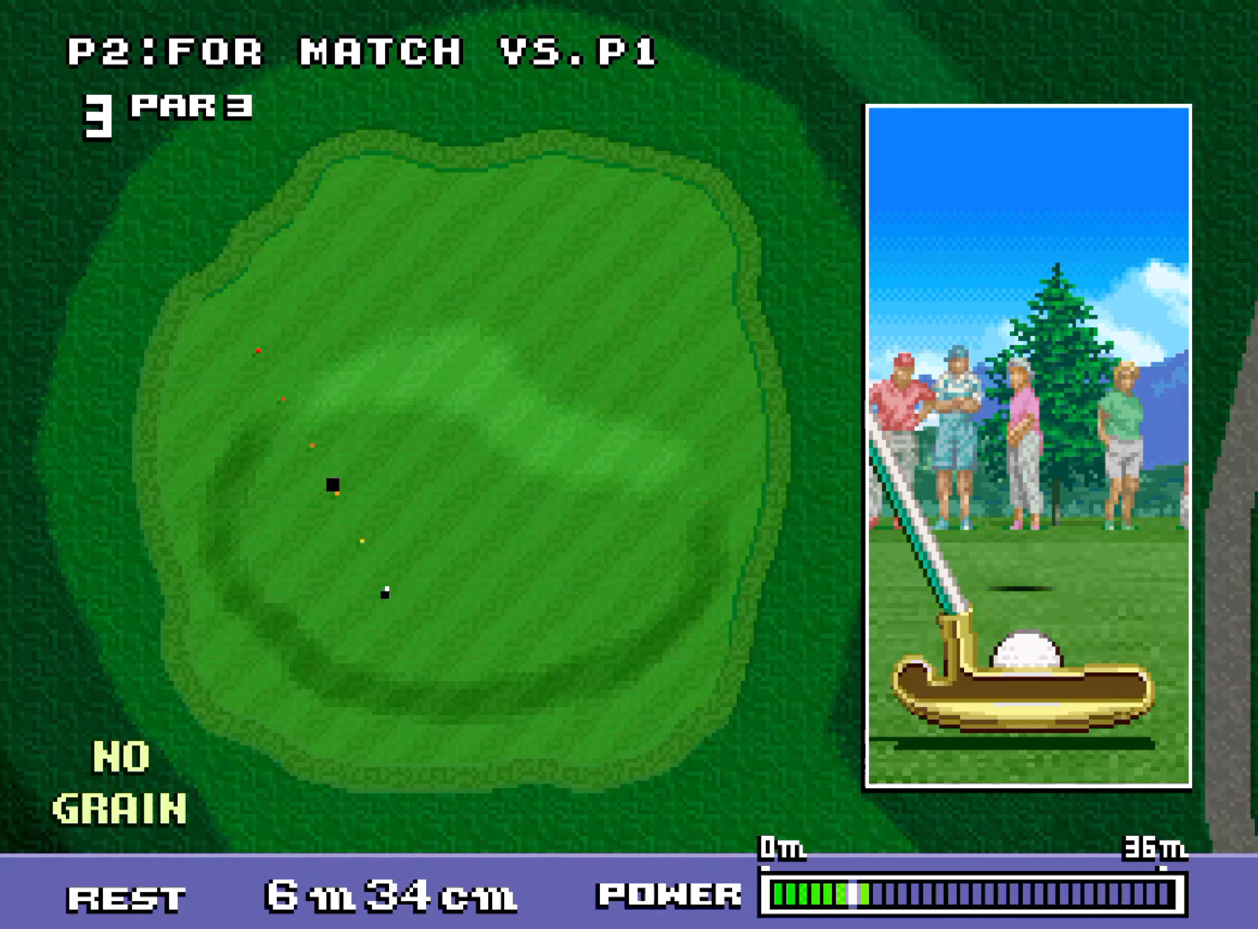 Écran de jeu de golf montrant une action de putt, des joueurs et des collines vertes.