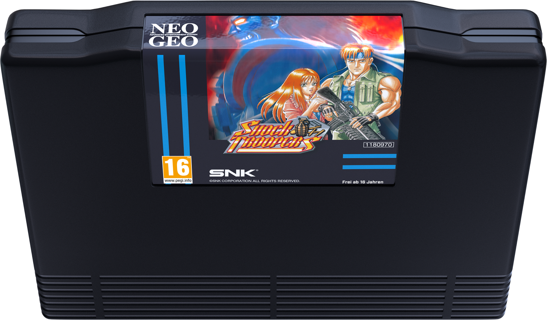 Cartouche Neo Geo avec jaquette du jeu "Shock Troopers", classification PEGI 16.