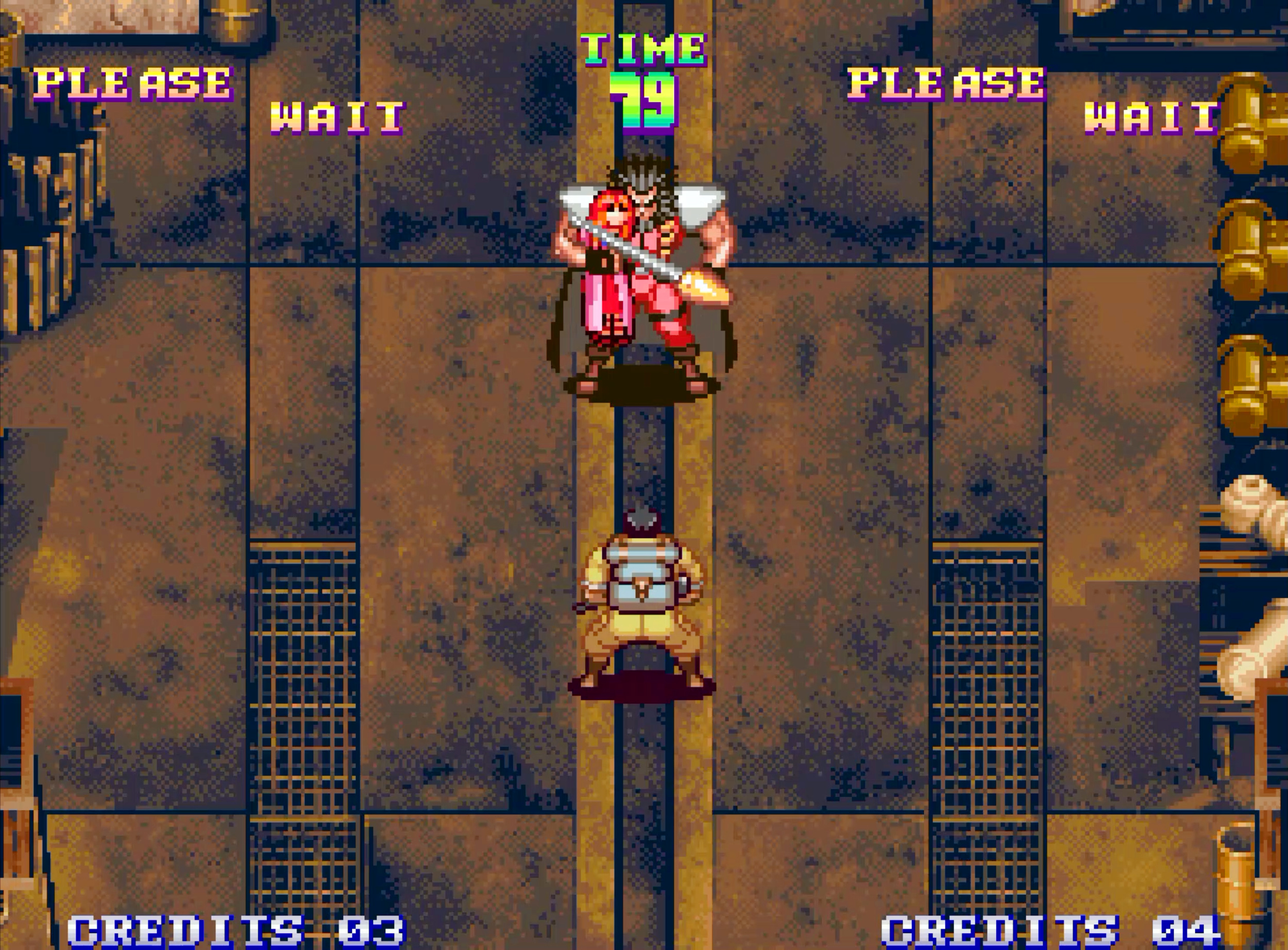 Un écran de jeu de combat avec deux guerriers pixelisés et le temps affichant 79.