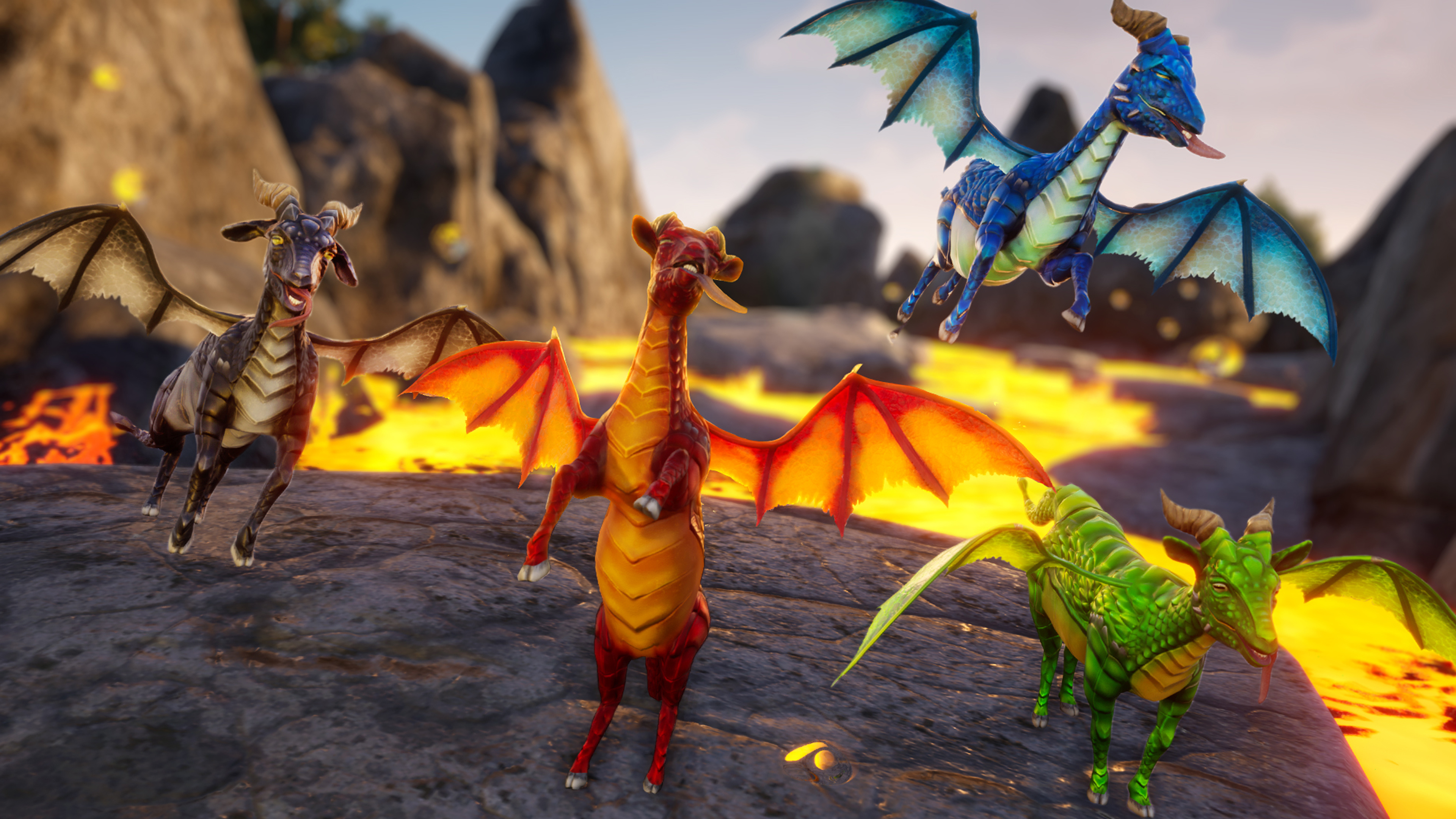 Vier Drachen mit Hörnern und Flügeln auf felsigem Boden mit Lava im Hintergrund.