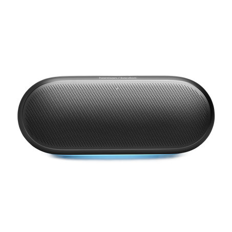 Egy ovális, szürke Harman Kardon hangszóró kék alsó világítással.