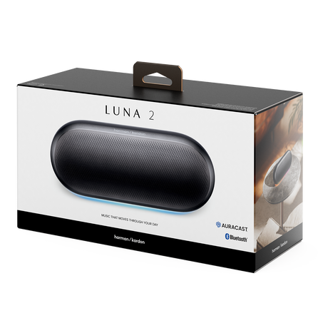 Fekete Harman Kardon LUNA 2 Bluetooth hangszóró csomagolása hordozófogantyúval.