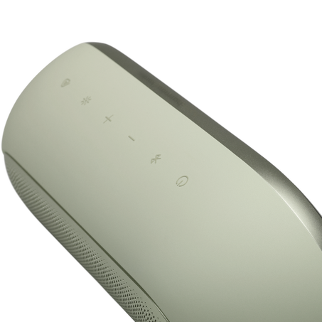 Világoszöld készülék ventilátor, hangerő, Bluetooth és bekapcsoló ikonokkal.