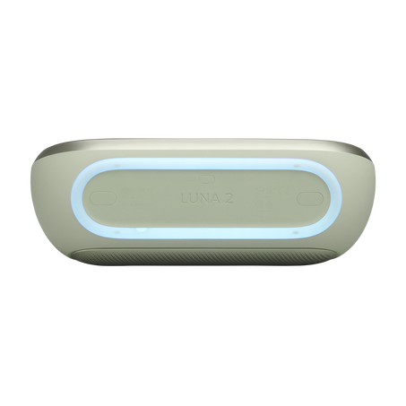Világos zöld Bluetooth hangszóró kék fényekkel és LUNA 2 felirattal.
