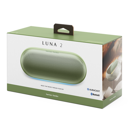 Zöld Harman Kardon Luna 2 Bluetooth hangszóró fehér csomagoláson.