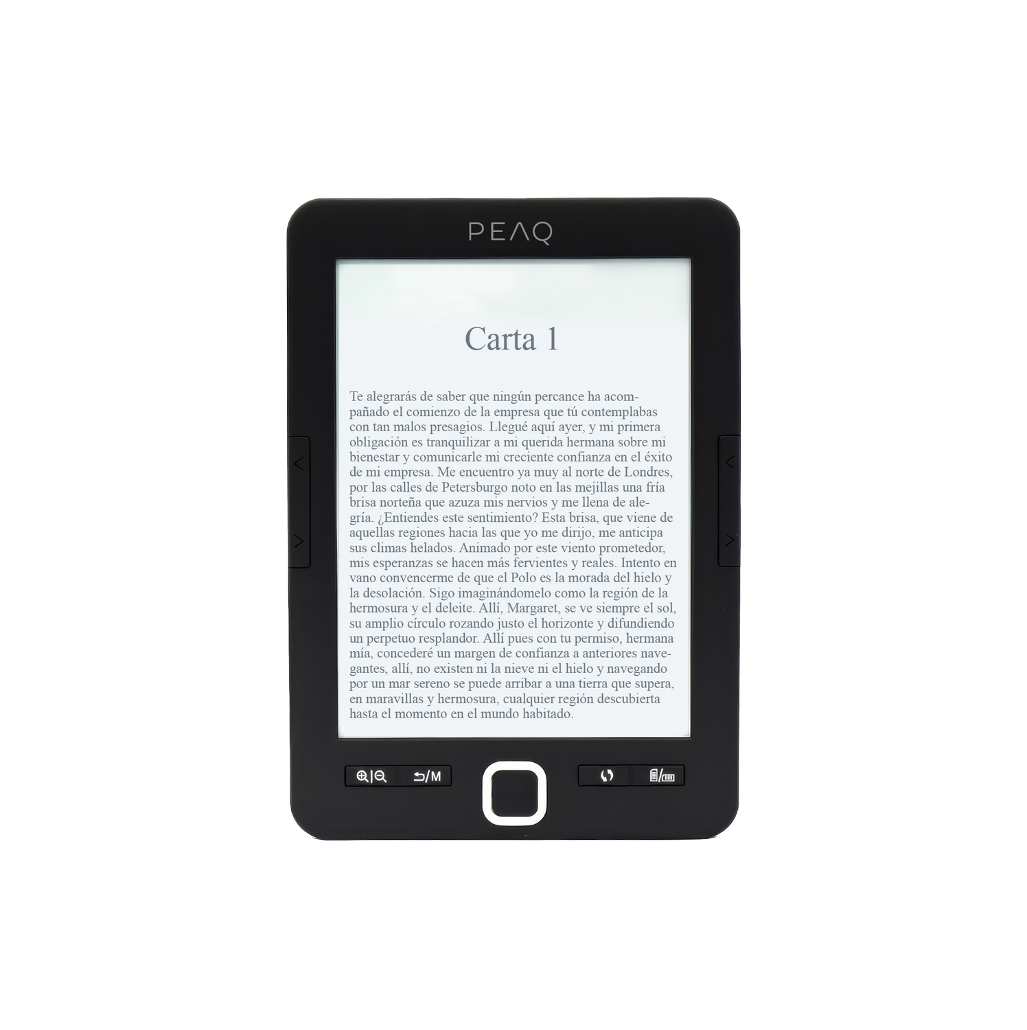 Un e-reader muestra el texto "Carta 1" y una novela en español.