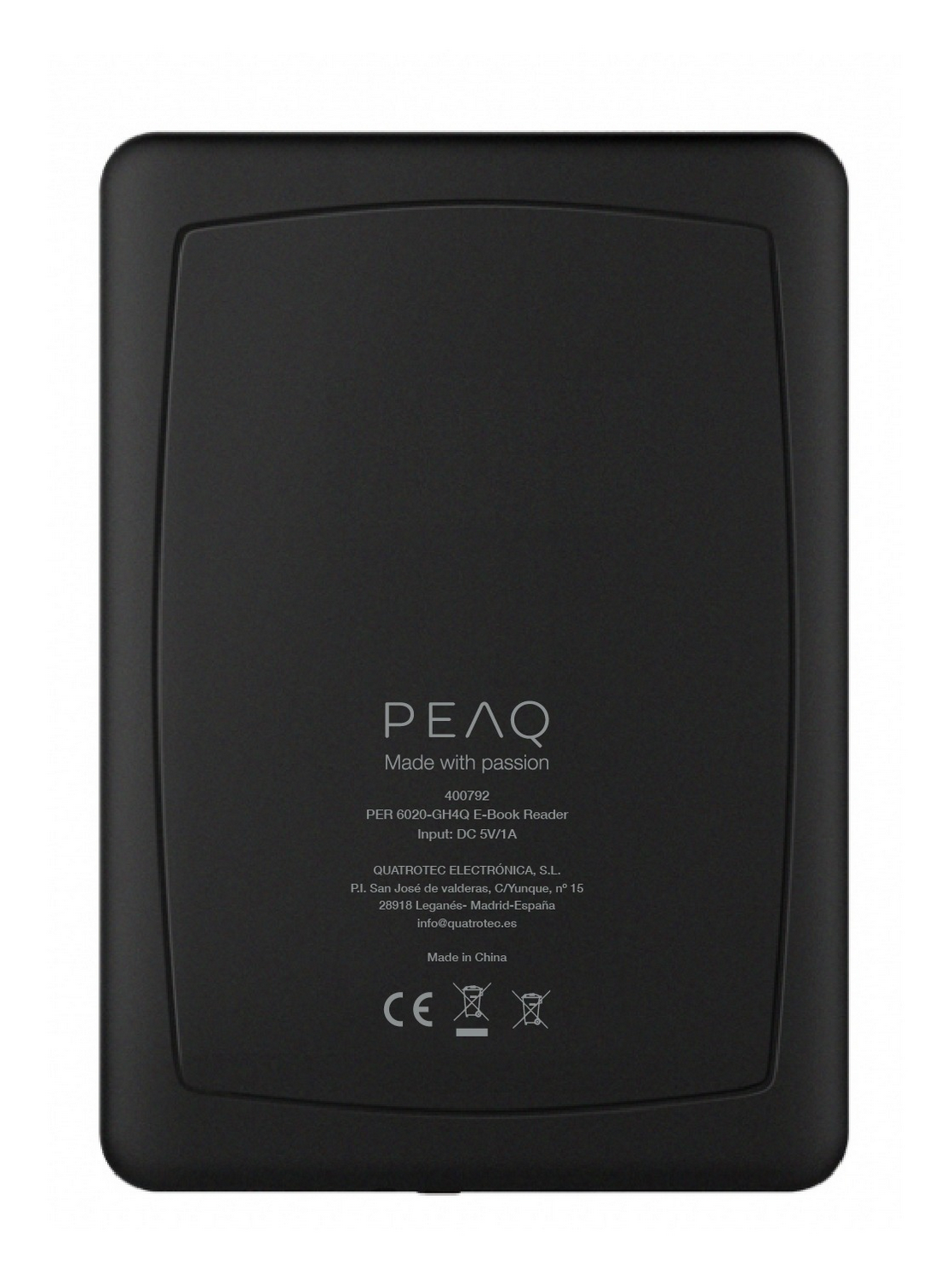 Parte trasera de un e-reader negro con logo PEAQ y detalles técnicos.
