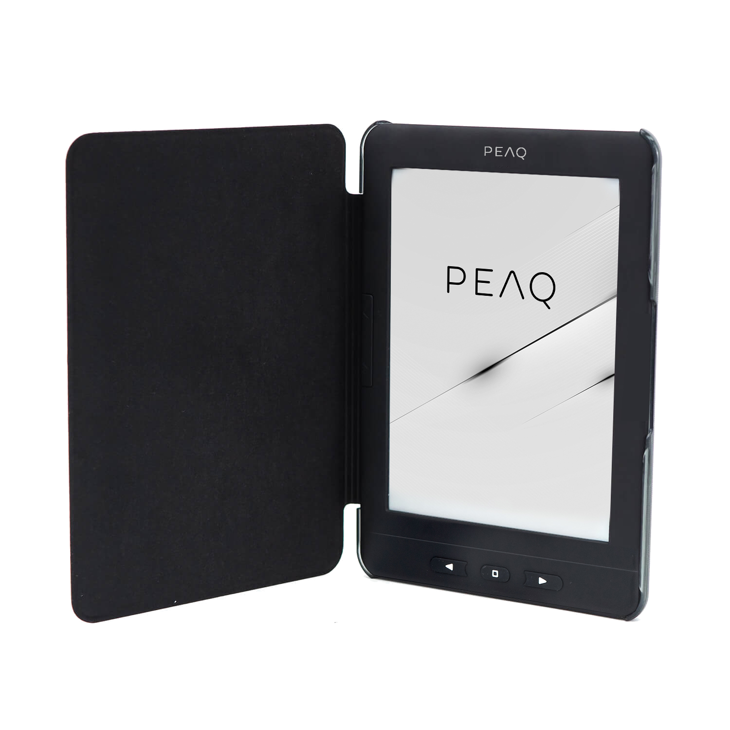 Un lector electrónico abierto con cubierta negra y pantalla brillante.