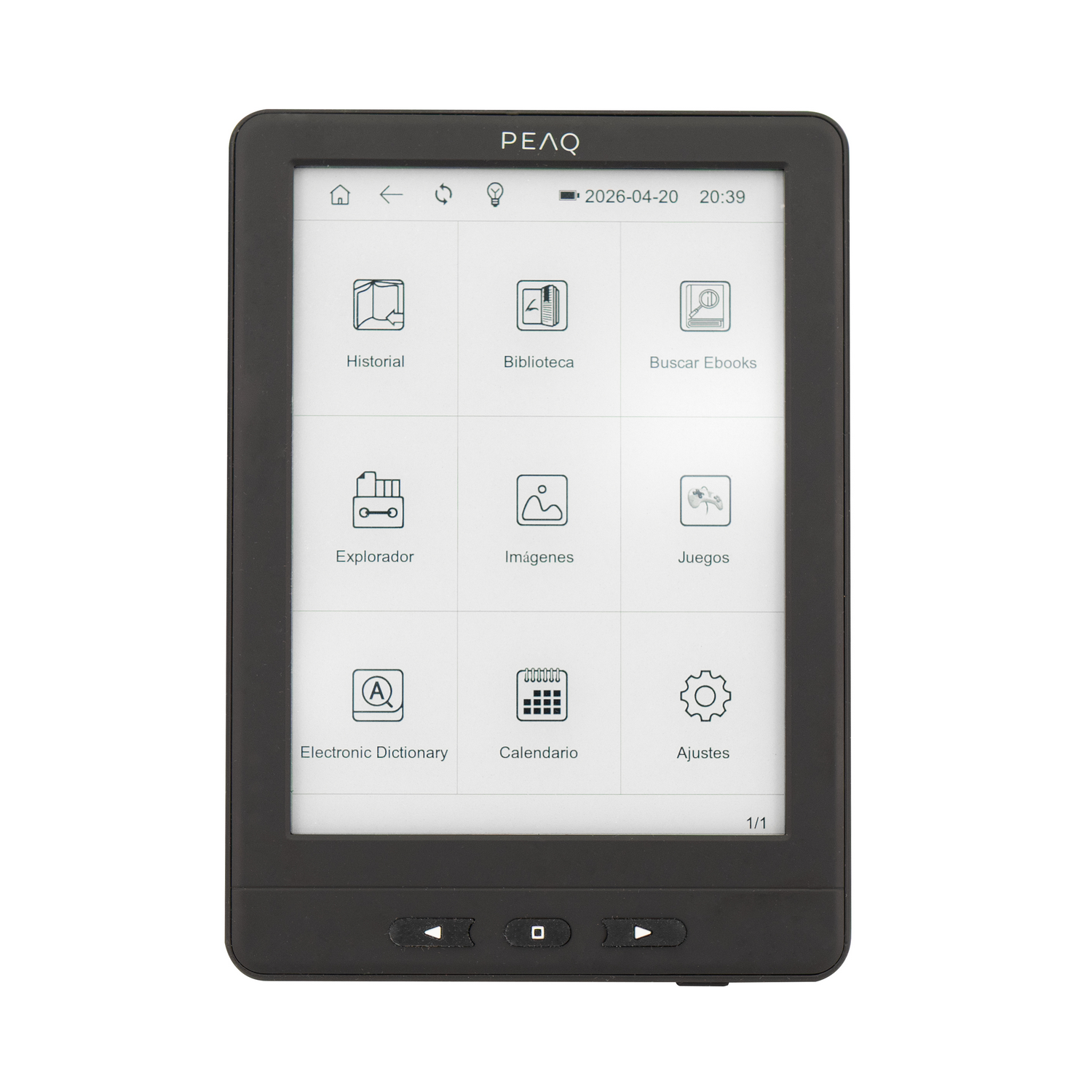 Un lector de libros electrónicos oscuro con una cuadrícula de iconos y texto.