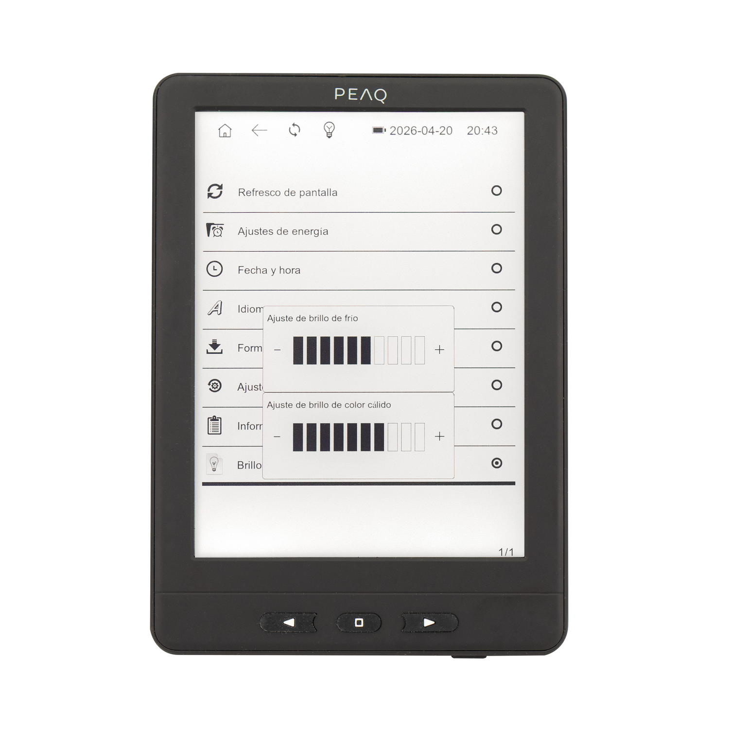 Ajustes del e-reader: refrescar pantalla, energía, fecha/hora, idioma, brillo.