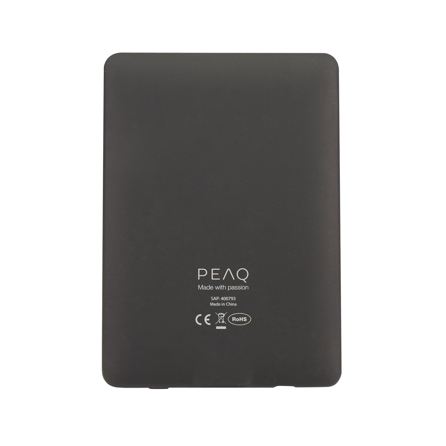 Dispositivo negro con logo PEAQ y sellos CE/RoHS.