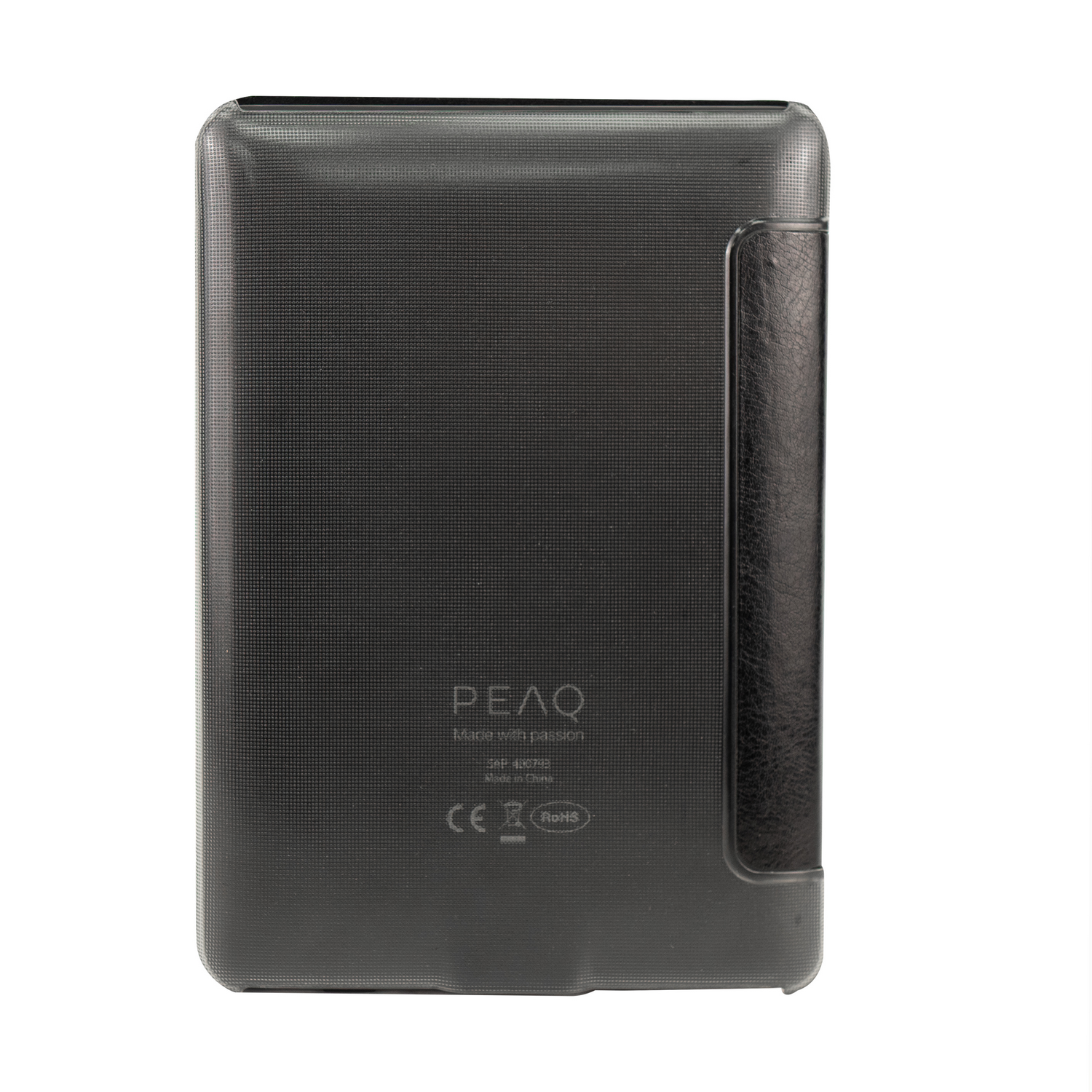Reverso de un lector de libros electrónicos PEAQ negro con texto y sellos CE/RoHS.