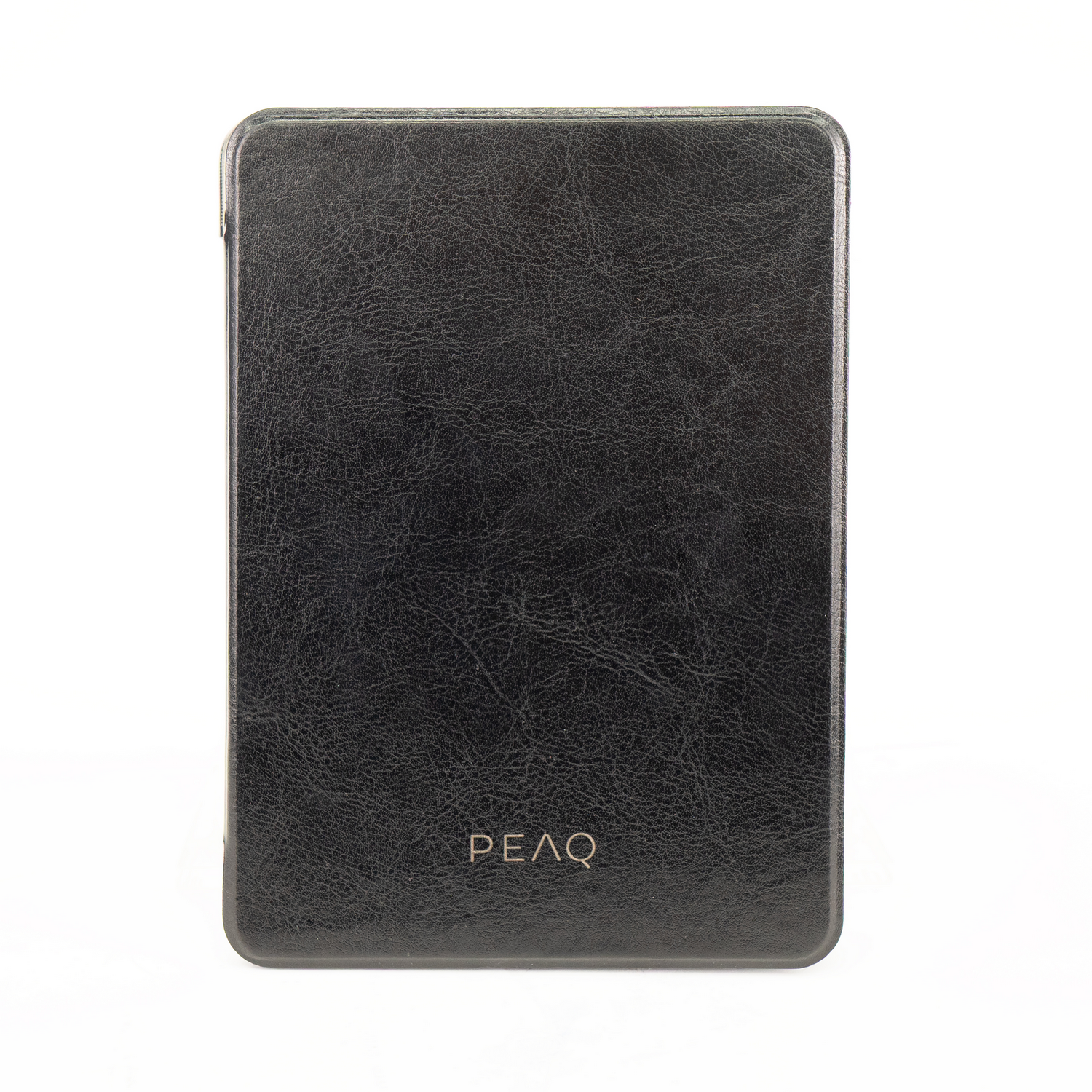 Funda negra de piel sintética con patrón en relieve y logo.