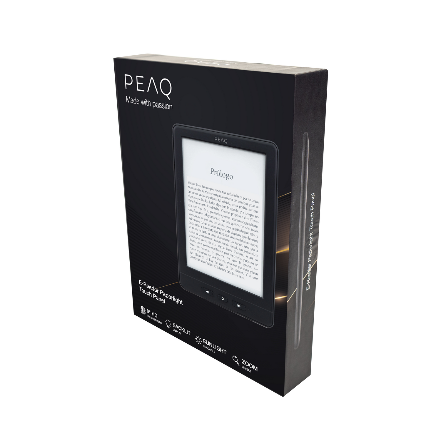 Embalaje de un lector electrónico PEAQ con un lector mostrando página de libro.