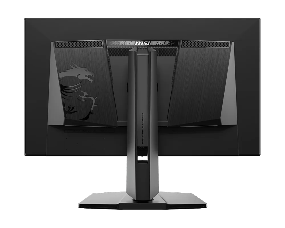 Parte trasera de un monitor gaming MSI negro con logo de dragón.