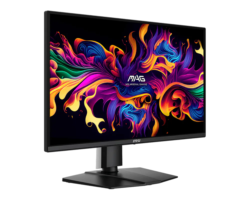 Un monitor gaming MSI negro muestra un gráfico abstracto y colorido vibrante con fondo negro.