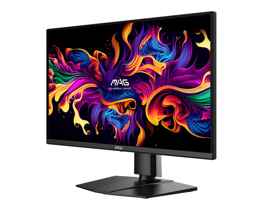 Un monitor negro muestra un fondo de pantalla vibrante, abstracto y colorido con el logo de MSI.