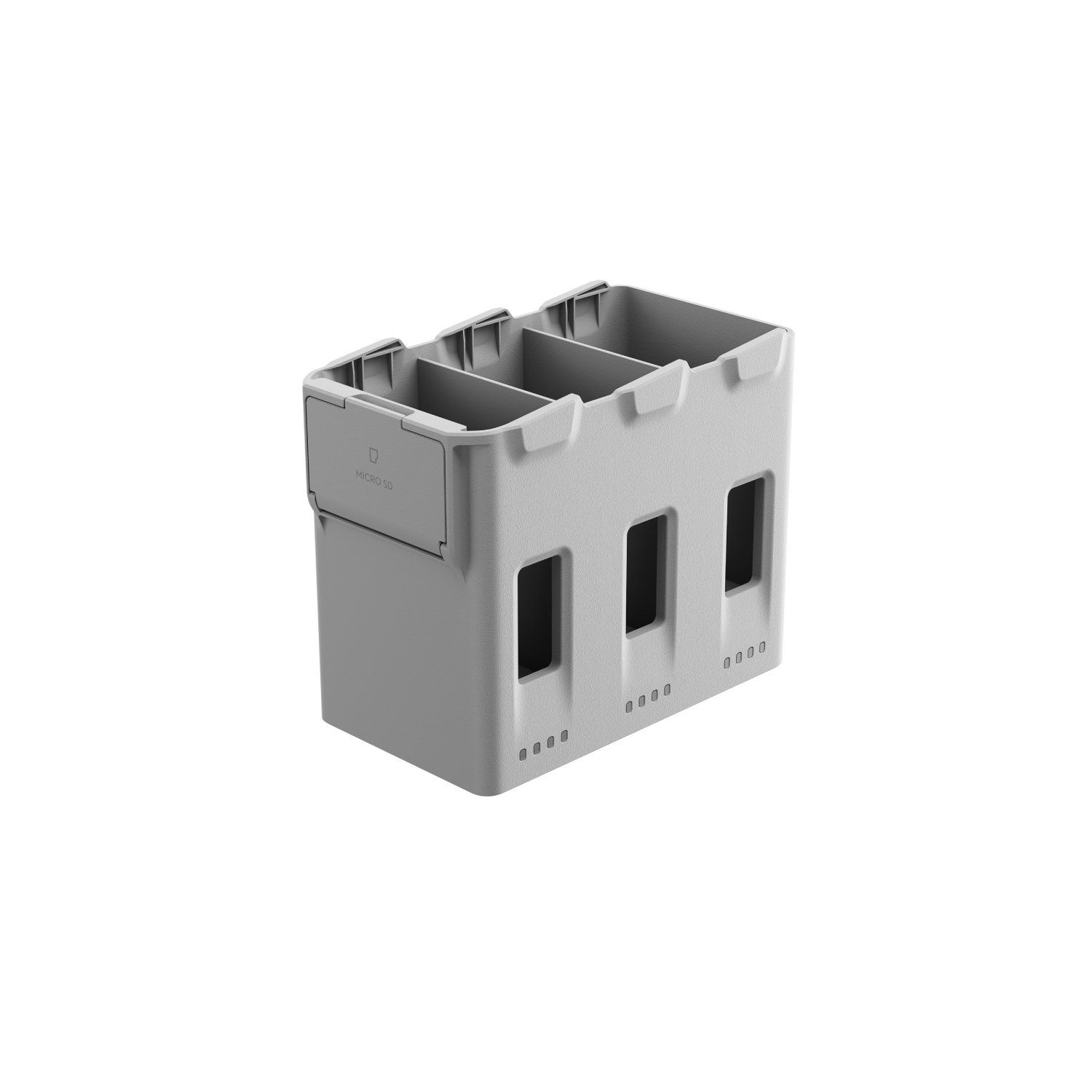 Contenedor gris con tres compartimentos y ranura Micro-SD.