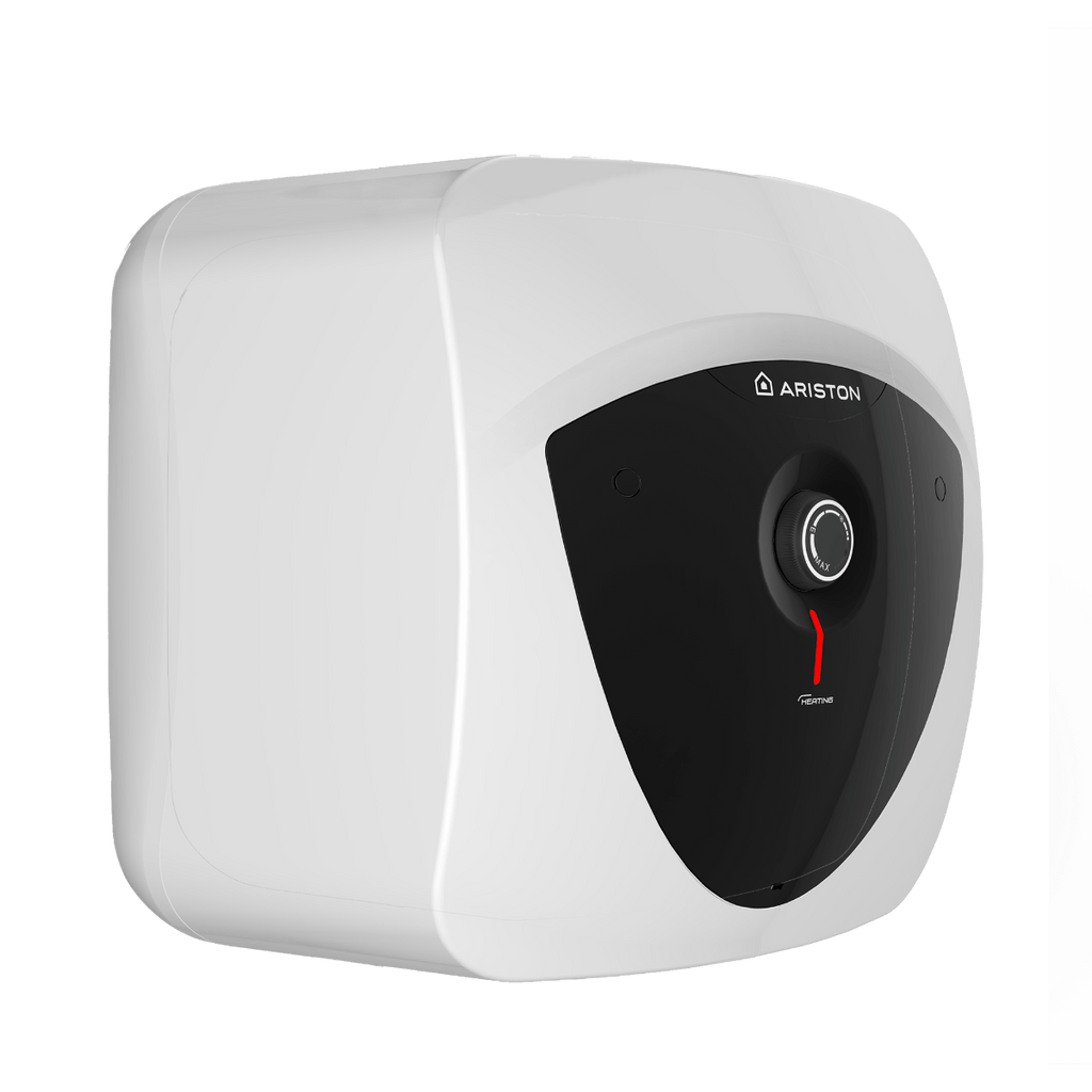 Un calentador de agua Ariston blanco con panel de control negro y dial.