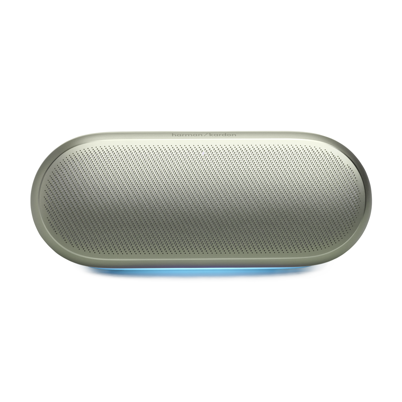 Un altavoz ovalado blanco con luz azul en la parte inferior.