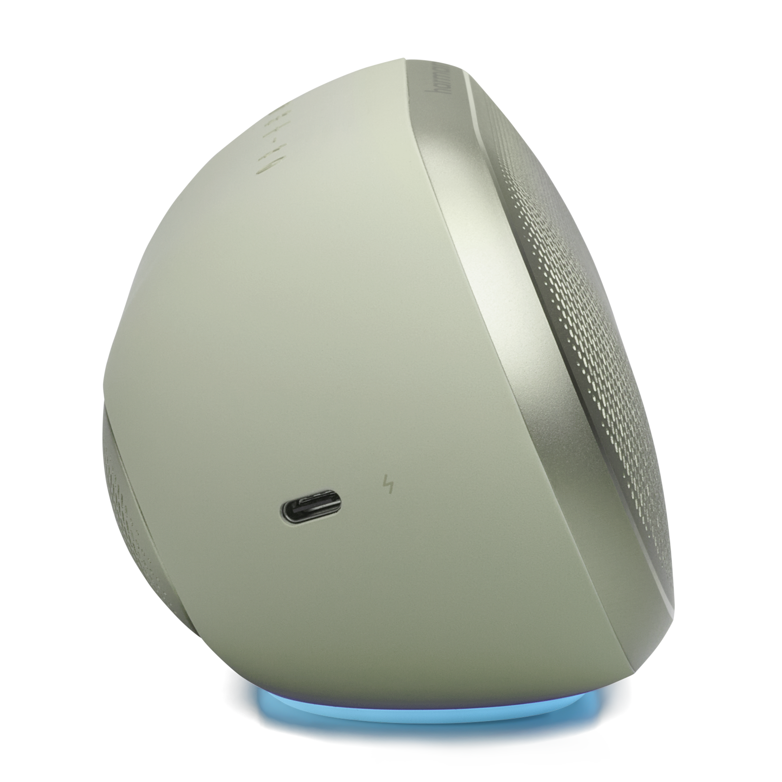 Un altavoz color crema con detalles plateados y base de luz azul.
