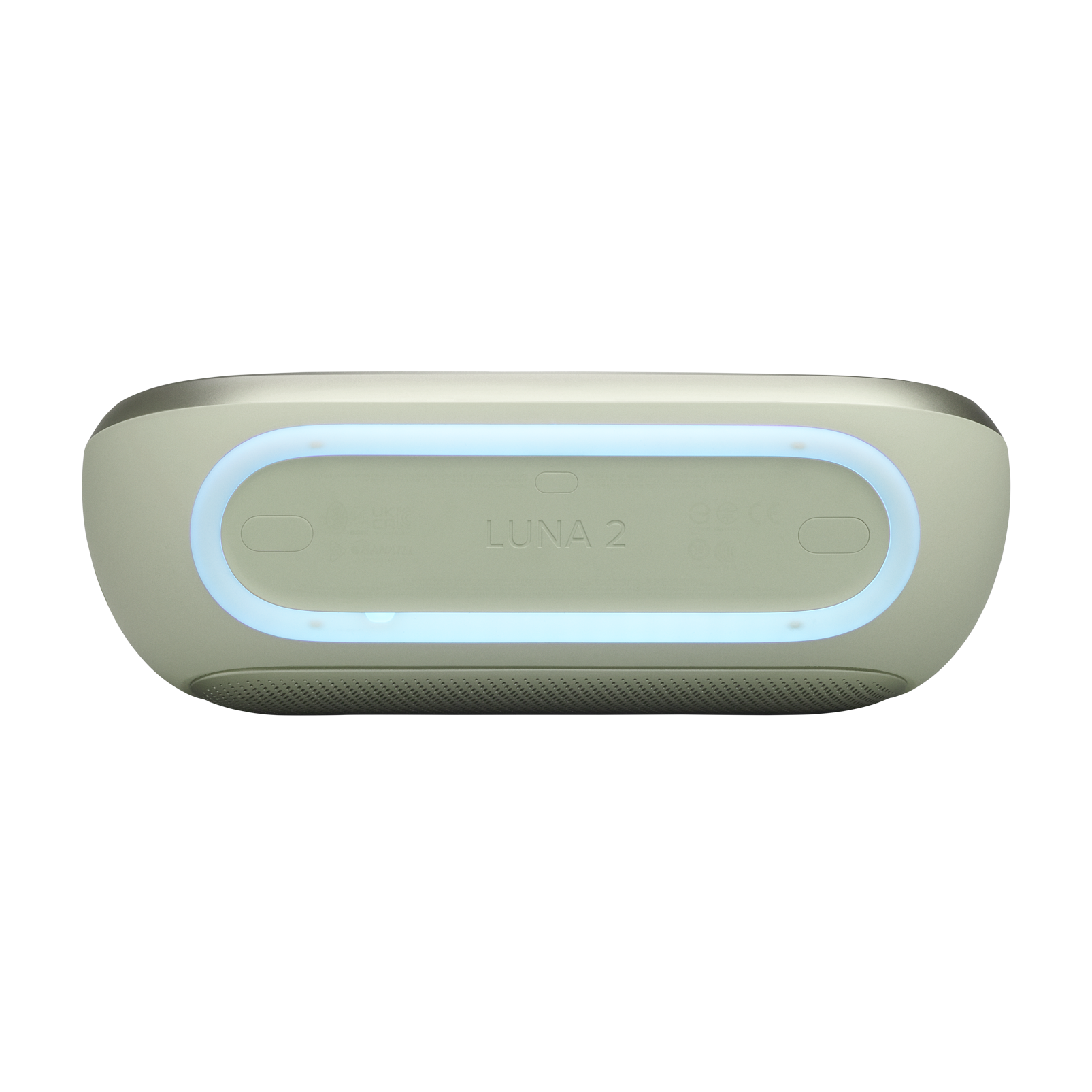 Un altavoz gris claro con borde de luz azul y rejilla de ventilación.