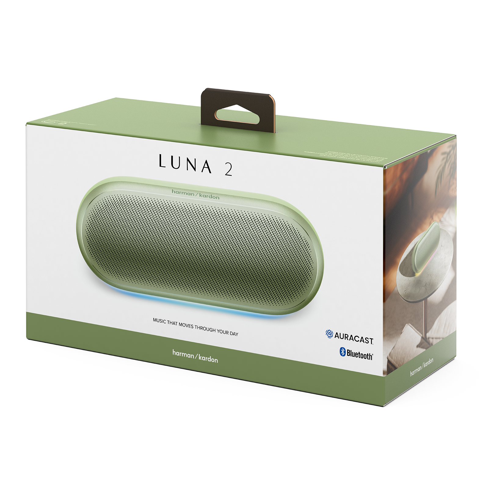 Altavoz Bluetooth verde harman/kardon LUNA 2 en caja blanca con logo.