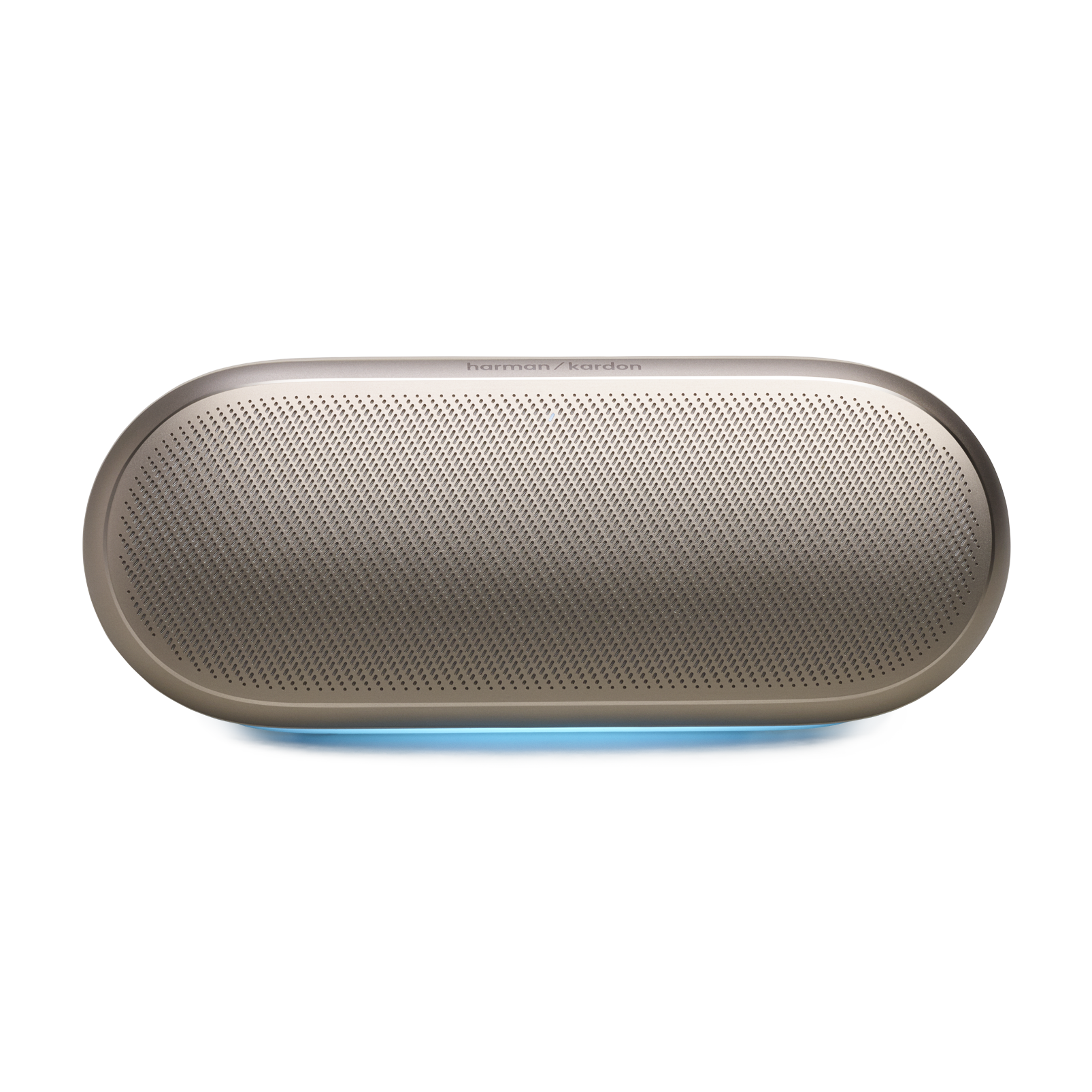 Un altavoz ovalado beige de Harman Kardon con luz azul.