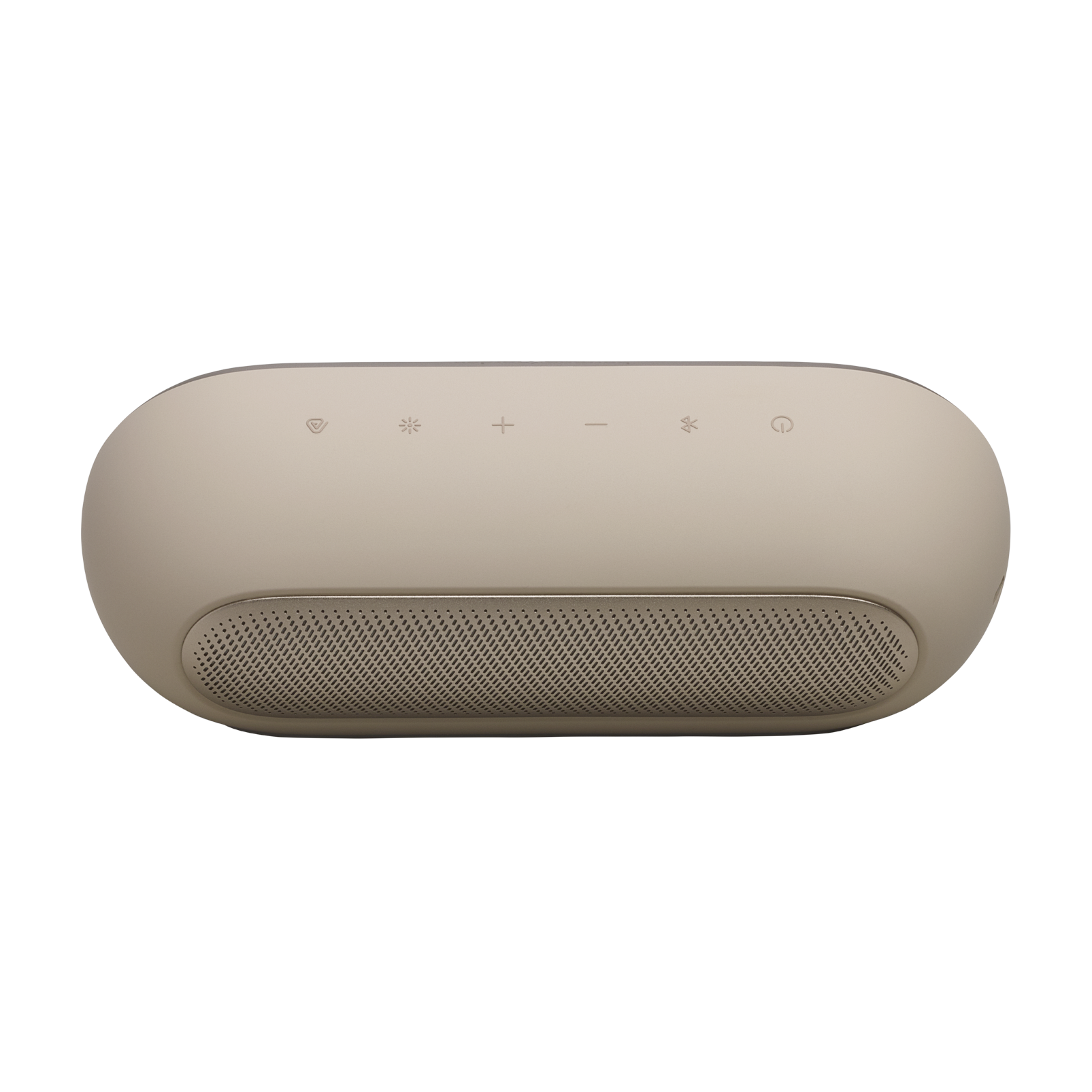 Un altavoz ovalado beige con botones de control en la parte superior y rejilla.